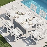 Vista 38 de SERWALL Juego de comedor de patio para 8, juegos de comedor al aire libre para 8 personas con 2 agujeros para sombrilla, mesas rectangulares Blanco