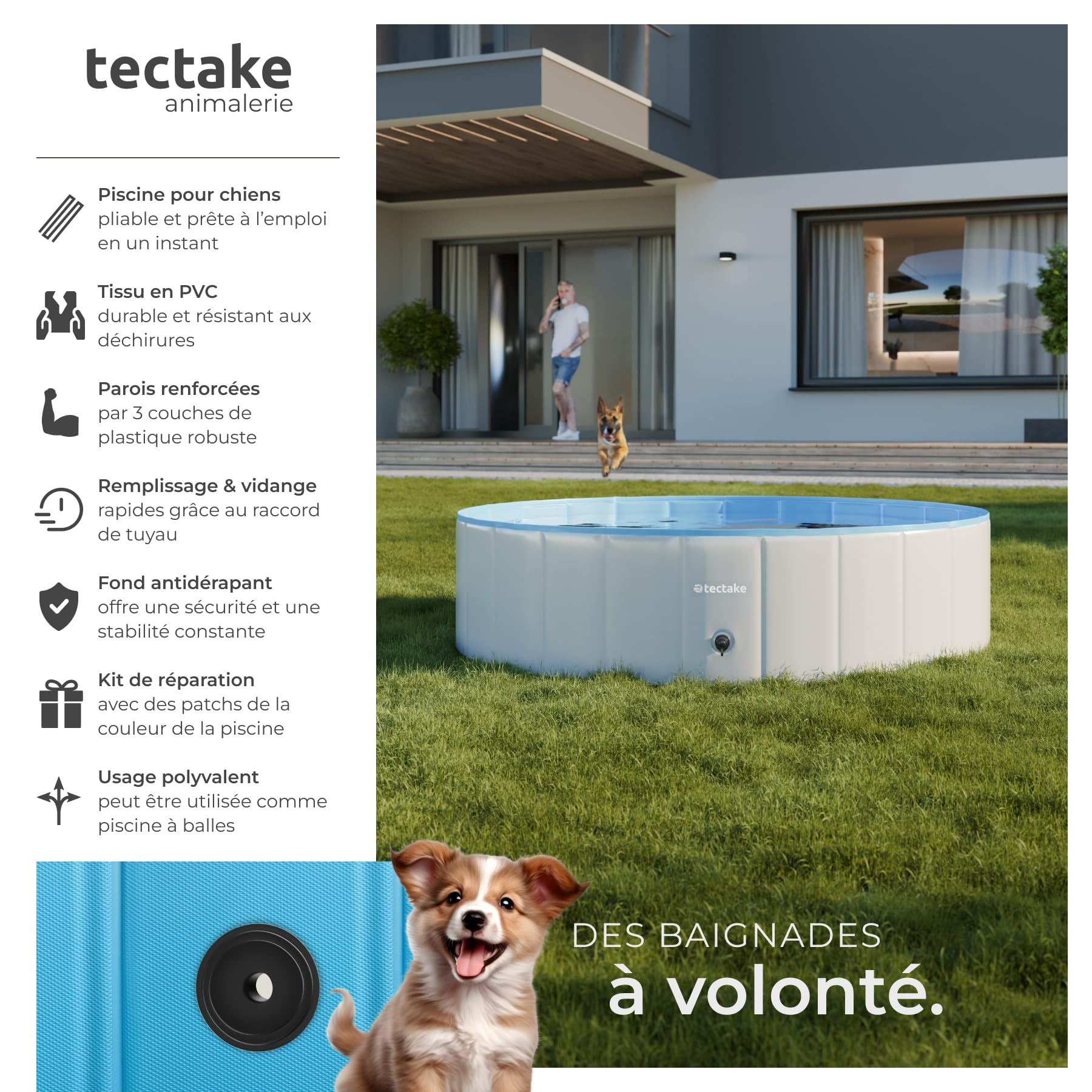 tectake® Piscine pour Chien Piscines a Balle Piscine autoportée Pliable Ø120cm Jeu Exterieur & intérieur pour Chien & Chat Jouet pour Chiens Jeux d'eau Jardin Salon