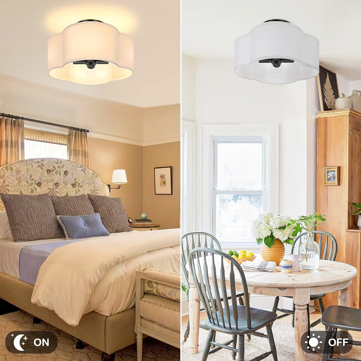 4-Light 14.4'' Semi Flush Mount Ceiling Light Fixture, Black Modern Close to Ceiling Lamp with White Fabric Shade, Farmhouse Bright Lighting for Nursery Kids Room Bedroom Hallway Entryway