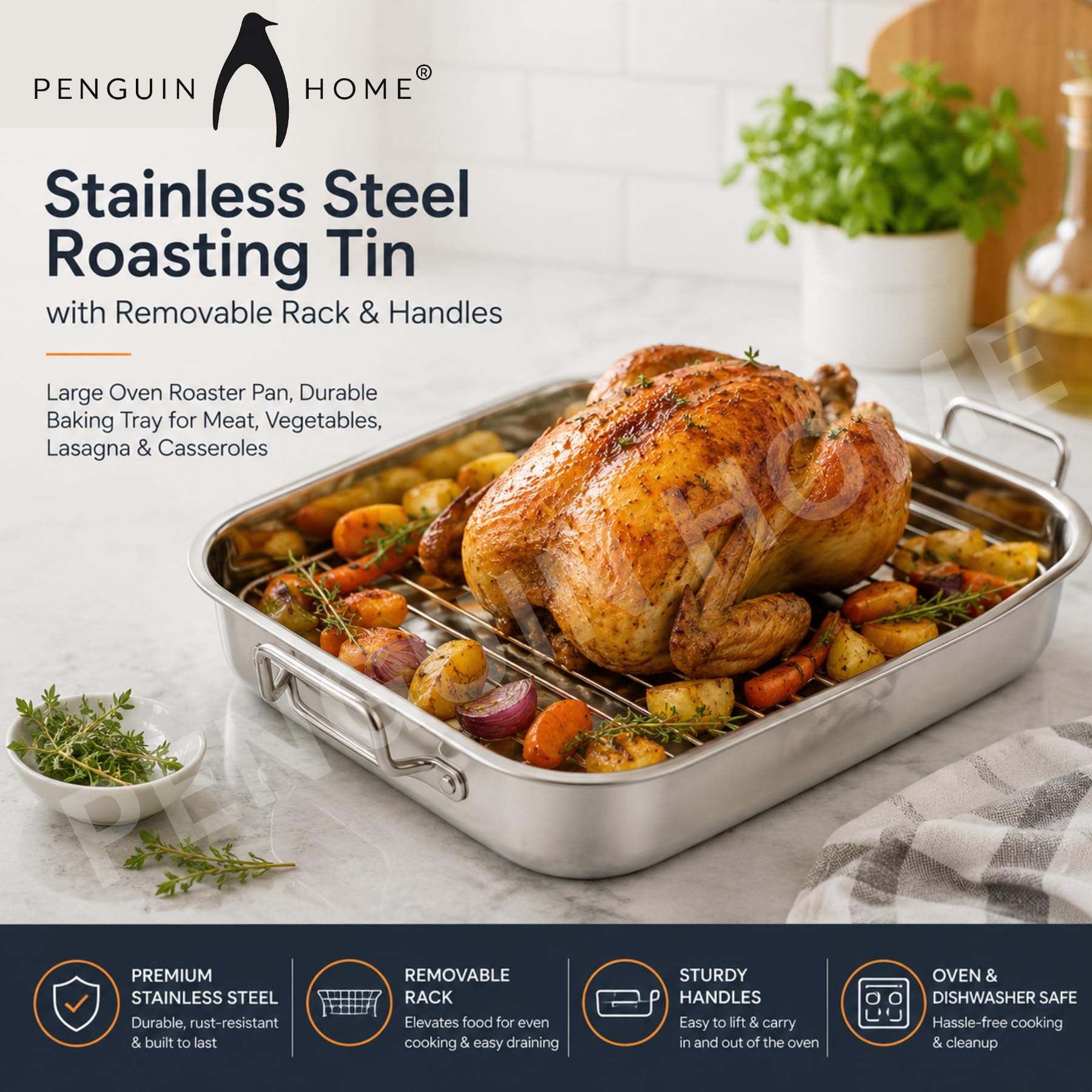 Penguin Home Premium Bräter aus Edelstahl mit Rost - Kompatibel mit allen Herdarten außer Induktion - Stabil und strapazierfähig - Abnehmbarer Grill, Bräter mit Griffen - Groß 37 x 28 cm…
