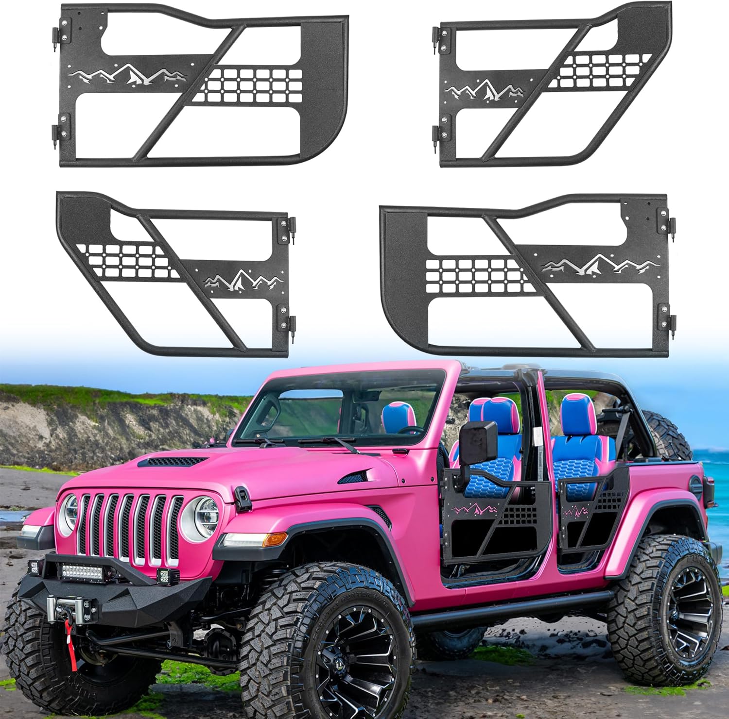 MONOKING Tube Doors DIY Paintable Tubular Door for 2018-2026 Wrangler JL JLU & Gladiator JT Unlimited 4 Door Only Off-Road Front and Rear Half Tube Doors Without Side View Mirror