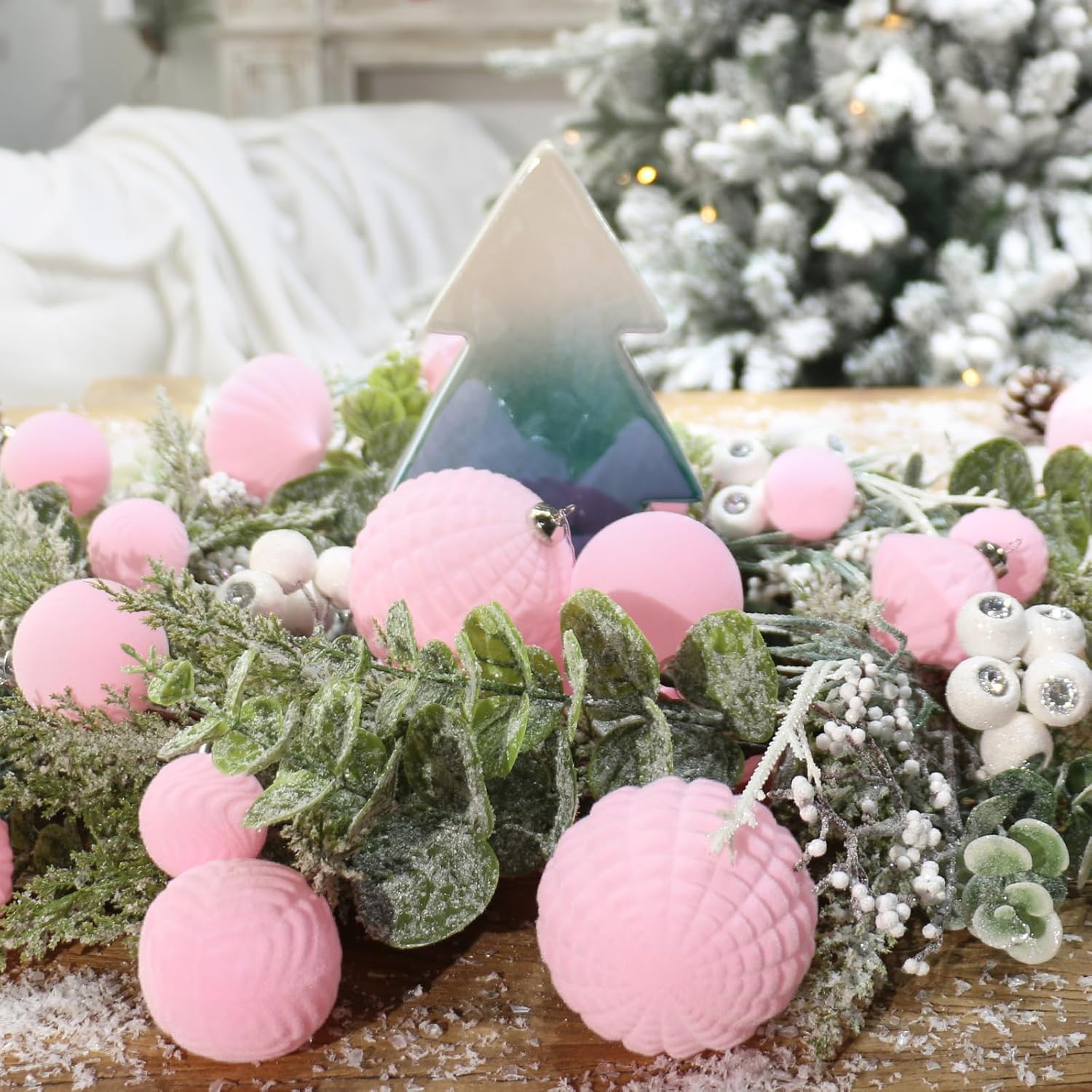 Super Holiday Velvet Christmas Ornaments Set, 35PCS Flocked Shatterproof Assorted Hanging Xmas Tree Ball Decorations, for Home Party Holiday Decor, Pink - Image 6