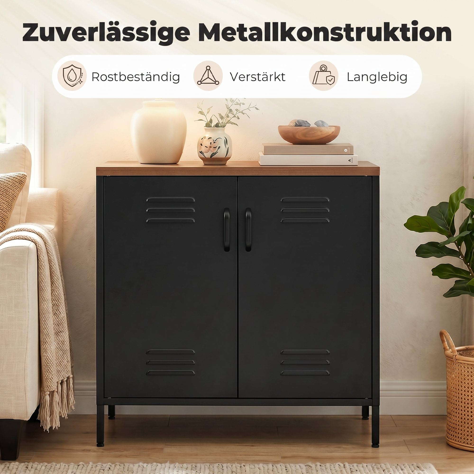HOMCOM Sideboard aus Metall mit 2 Türen, Stahlbeinen, 80x40x80 cm, Schwarz | Industrieller Aktenschrank, Verstellbarem Regal, Beistellschrank, für Wohnzimmer, Küche, Esszimmer, Büro