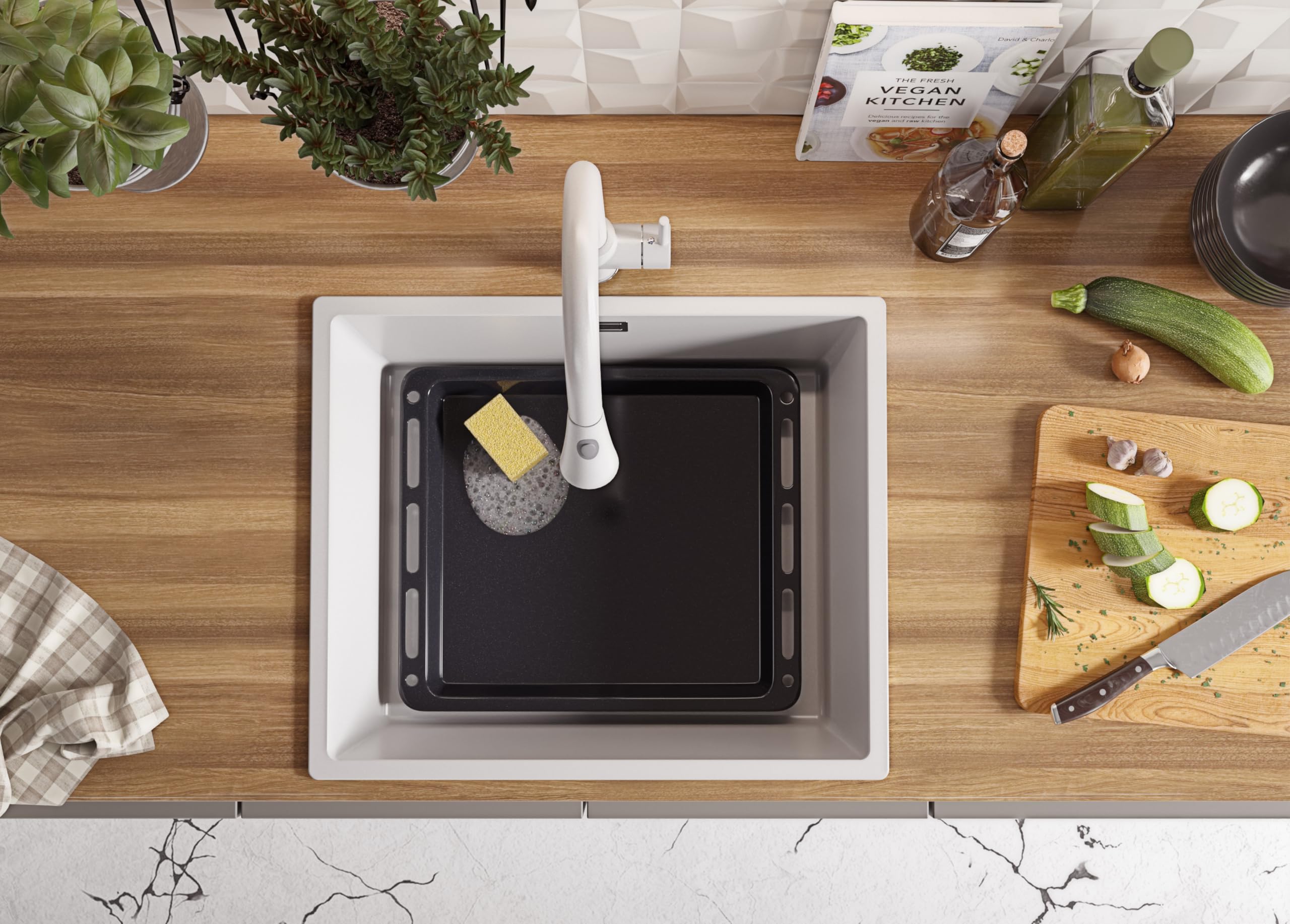 PRIMAGRAN Fregadero Cocina Todo Blanco - London Slim, 56x47cm | Granito 1 Seno + Sifón, sobre Encimera al Mueble 60cm (S304)