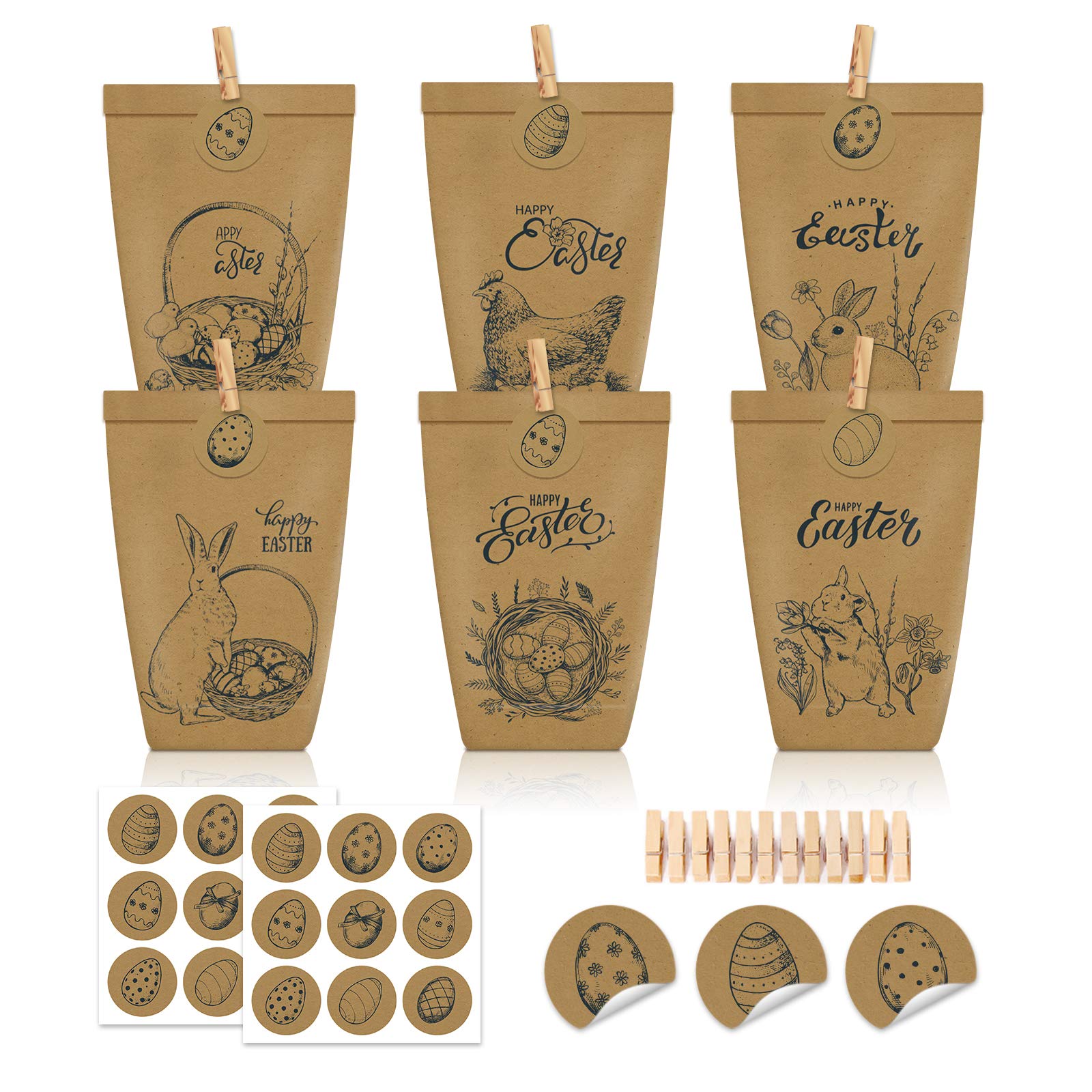 12 Stück Geschenktüten Ostern, Schwarz bedruckte Papiertüten mit Osterhasen, Papiertüten Ostern Osterhase Set für Osternest Dekoration und Mitgebsel, zum Verpacken von Geschenken für Freunde, Kinder