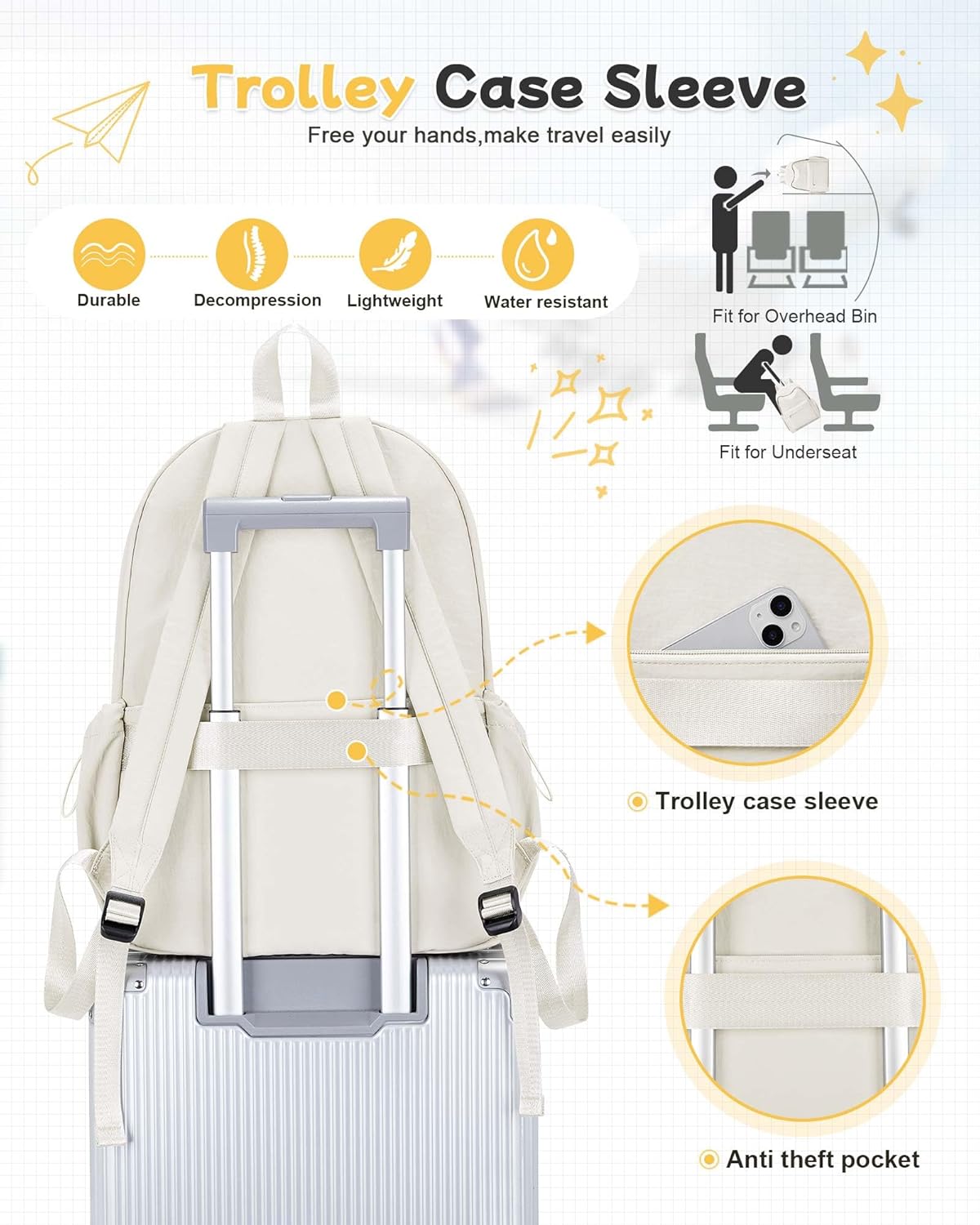 BJLFS White Backpack for School Women Girls, Waterproof Bookbag Cute High School Back pack for Men Teen Boys, Lightweight Travel College Backpack Mochilas Escolares para Casual Daypack Rucksack - Image 6