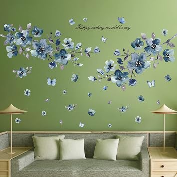 Watercolor Blue Floral Branches Wall Decals - Ink Blue Flowers Stickers With Happiness Phrase, Butterfly Petal DIY Art Murals for Girls Bedroom, Kids Nursery, Bathroom, Living Room Decor