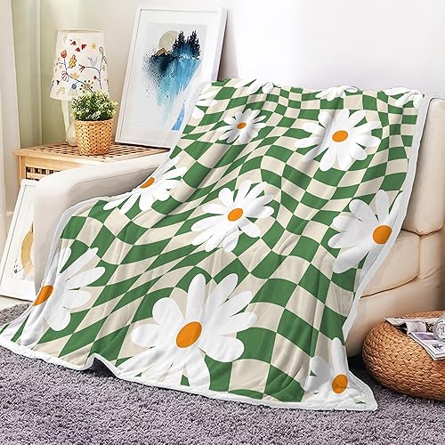 Miniatura 7 de Manta de tablero de ajedrez rosa retro de los años 70, diseño floral, linda manta de franela suave, manta de picnic lujosa, cálida y acogedora para