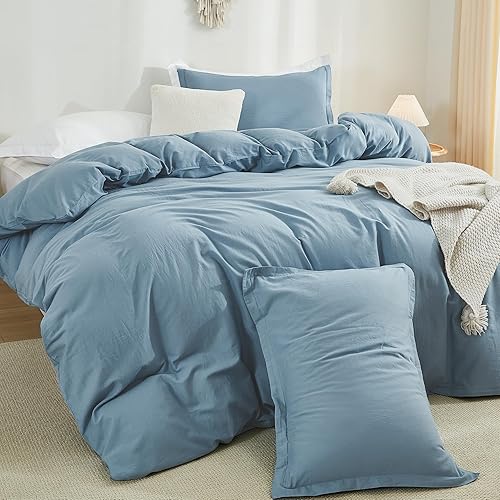 Miniatura 1 de Litanika Funda de edredón de algodón tamaño King, color gris y azul, funda de edredón con textura similar al lino, suave y transpirable, juego de