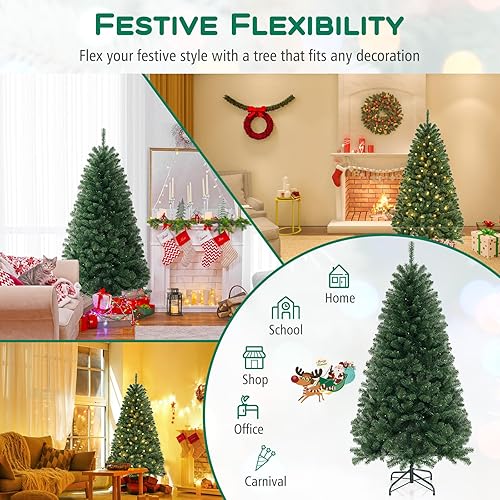Miniatura 6 de DORTALA Árbol de Navidad artificial verde preiluminado de 6 pies, con bisagras, con 200 luces LED blancas cálidas, 8 modos de iluminación, 568