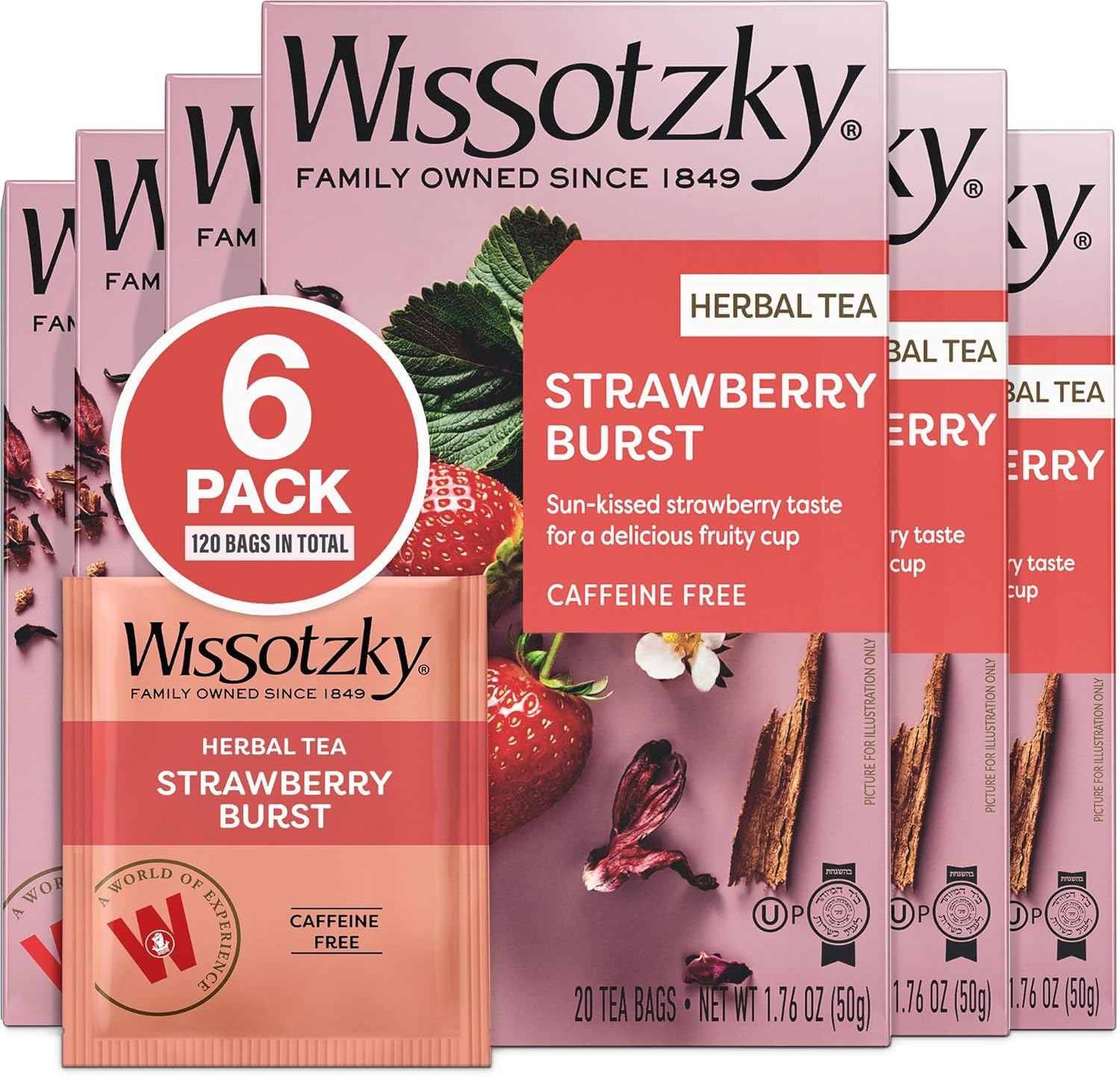 Wissotzky Strawberry Burst Herbal Tea (6 Pack -120 Tea Bags) | Fruity Blend | Caffeine Free Tea | Antioxidant Rich