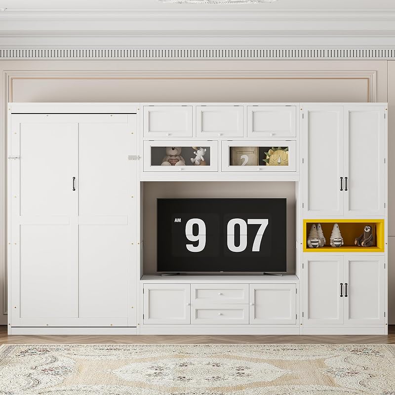 Ball & Cast Twin Size Murphy Bed with Integrated TV Stand and 2 Storage Drawers,Wood Hideaway Wall Beds w/Shelves & Cabinets,can be Folded,Space-Saving,for Small Room,Dorms,Color-Blocking,White