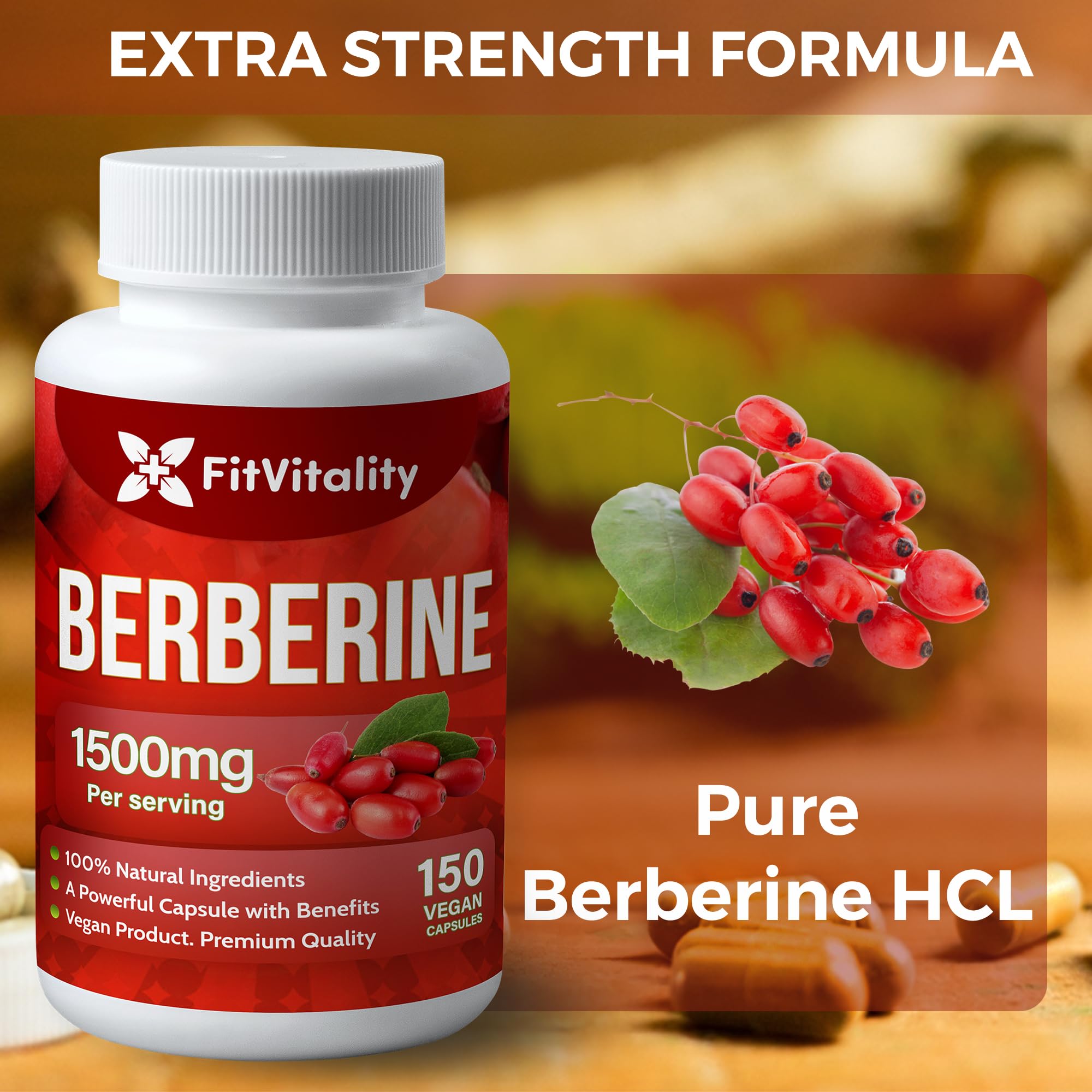 Premium Berberine Supplement, 1500mg Berberine Per Serving, 150 Capsules, 100% Pure, Support Immune System Function, Non-GMO, Gluten-Free