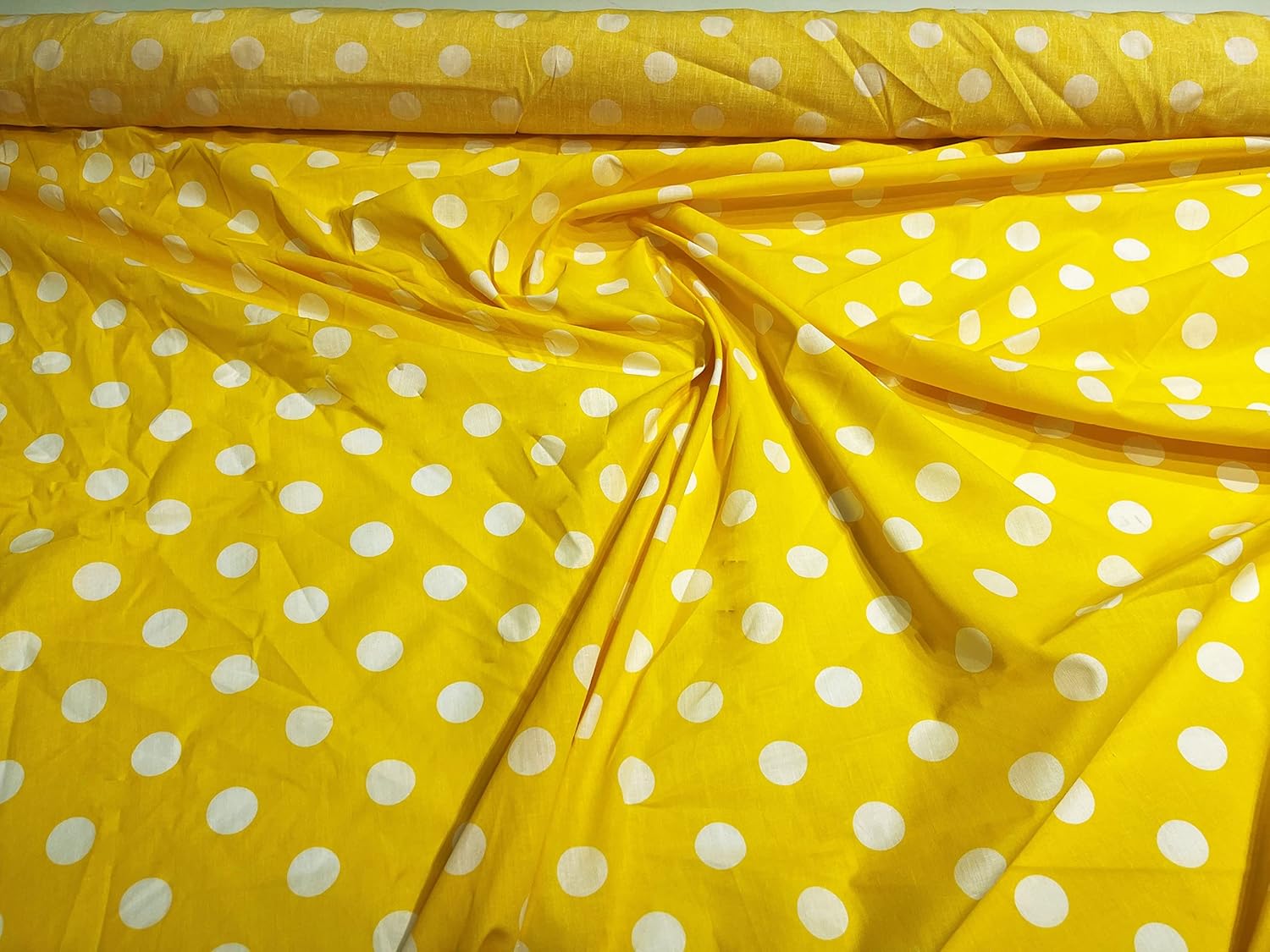 New Creations Fabric & Foam Inc, Polycotton Printed Polka DOTS Background Fabric by The Yard (White Dot on Yellow)