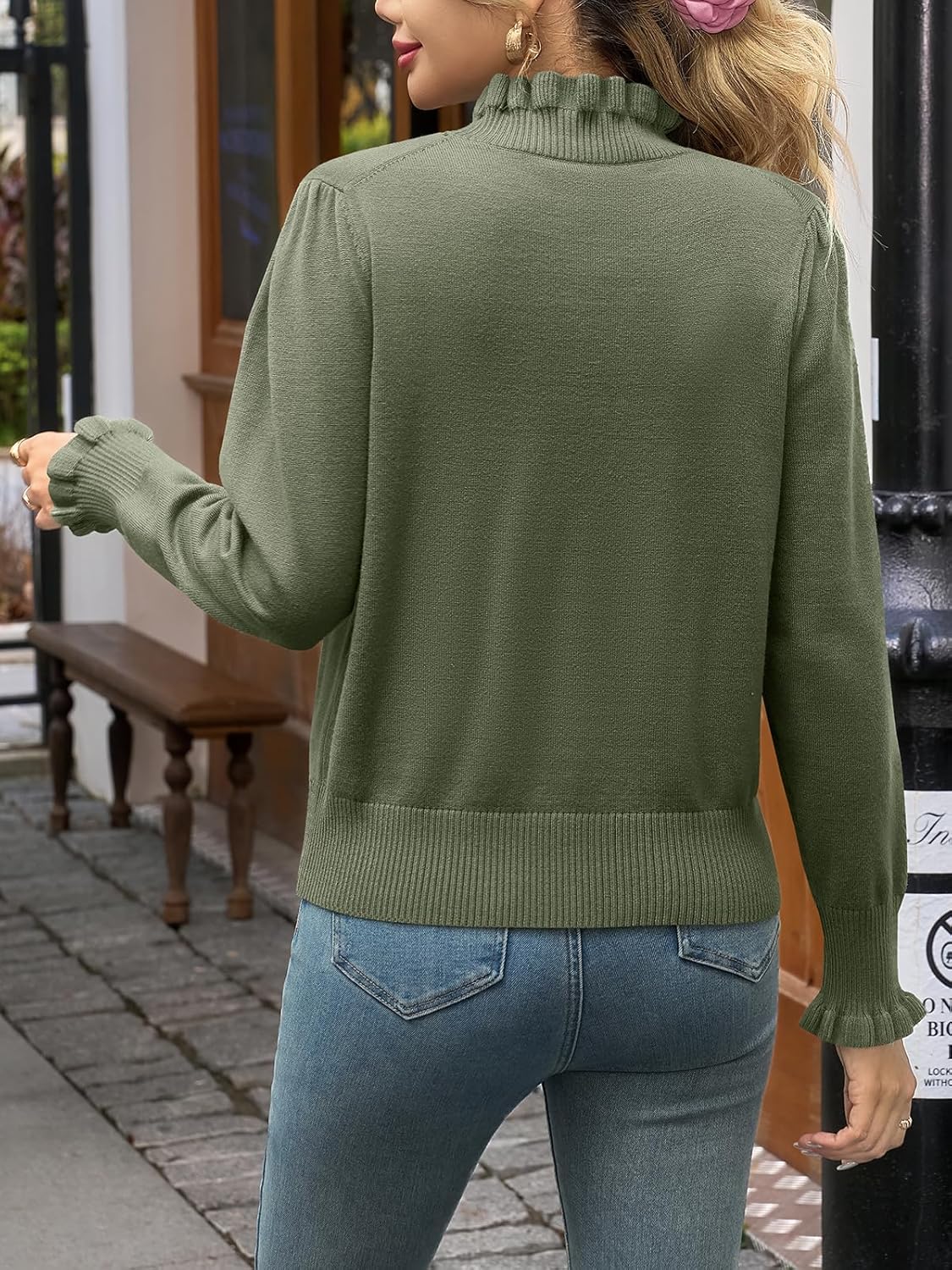 UNCLECAT Womens Ruffle Mock Neck Sweater Casual Puff Long Sleeve Fall Knit Trendy Pullover Sweater Tops