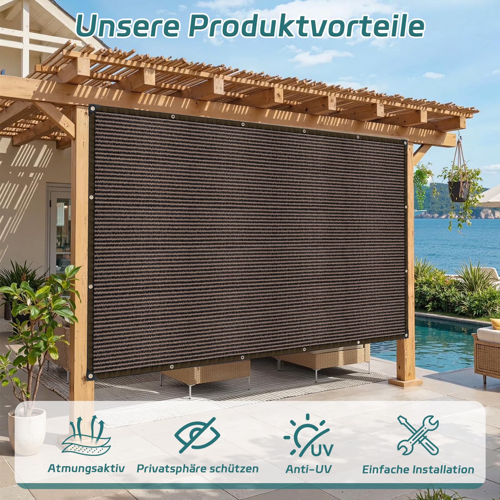 Red de sombreado con ojales, 95% de tasa de sombreado, resistente a los rayos UV, para protección de plantas, invernadero, granero o perrera, 2 x 6 m, color marrón
