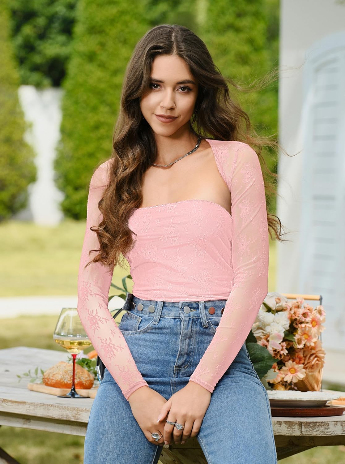 CSDAJIO Women's Going Out Tops Lace Long Sleeve Square Neck Crop Top Shirt Strapless Tube Top and Bolero Set - Image 3