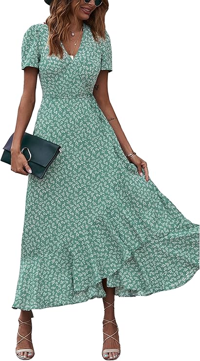 PRETTYGARDEN Women's Summer Maxi Dress Casual Wrap Floral Boho Short Sleeve V Neck Split Ruffle Beach Long Dresses