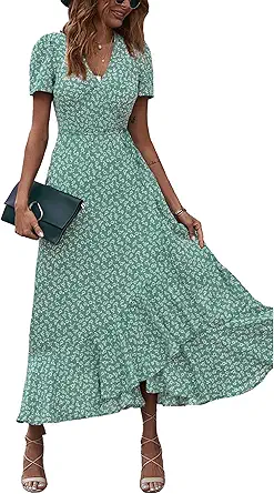 PRETTYGARDEN Women's Summer Wrap Maxi Dress Casual Boho Floral V Neck Short Sleeve Ruffle Hem Split Beach Long Dresses
