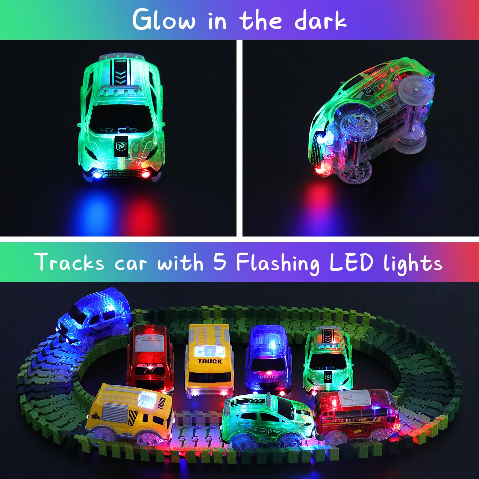 Glohen Tracks 3 Auto Giocattolo Con Luci LED Lampeggianti – Pista Magica, Compatibili Con Maggiori Tracce, Per Bambini 3-7 Anni - 3