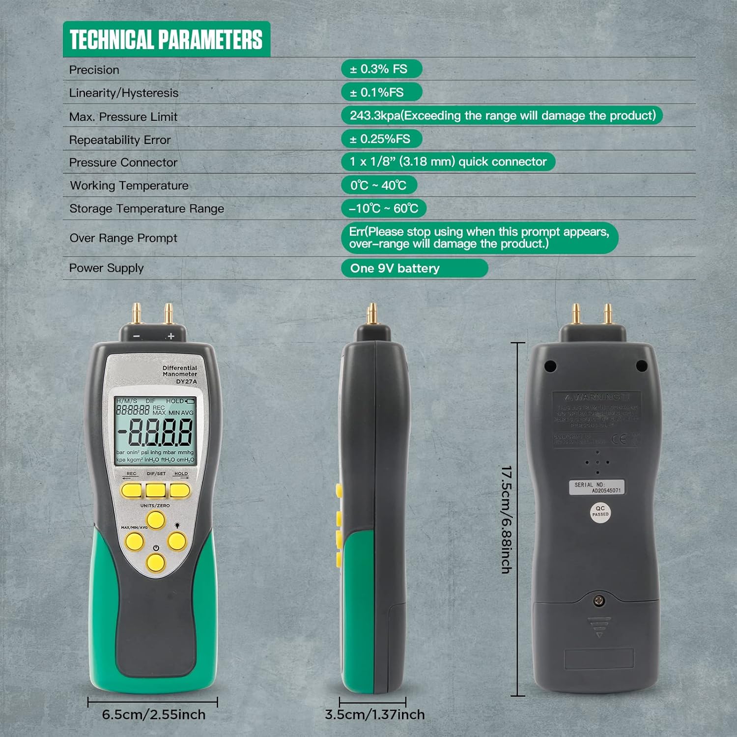 Digital Manometer,DY27A Differential Manometers,Digital Differential Pressure Manometer Ventilation System/Gas Pipeline/Brake Vacuum Pump with 11 Units LCD Display Store 48 Sets of Data
