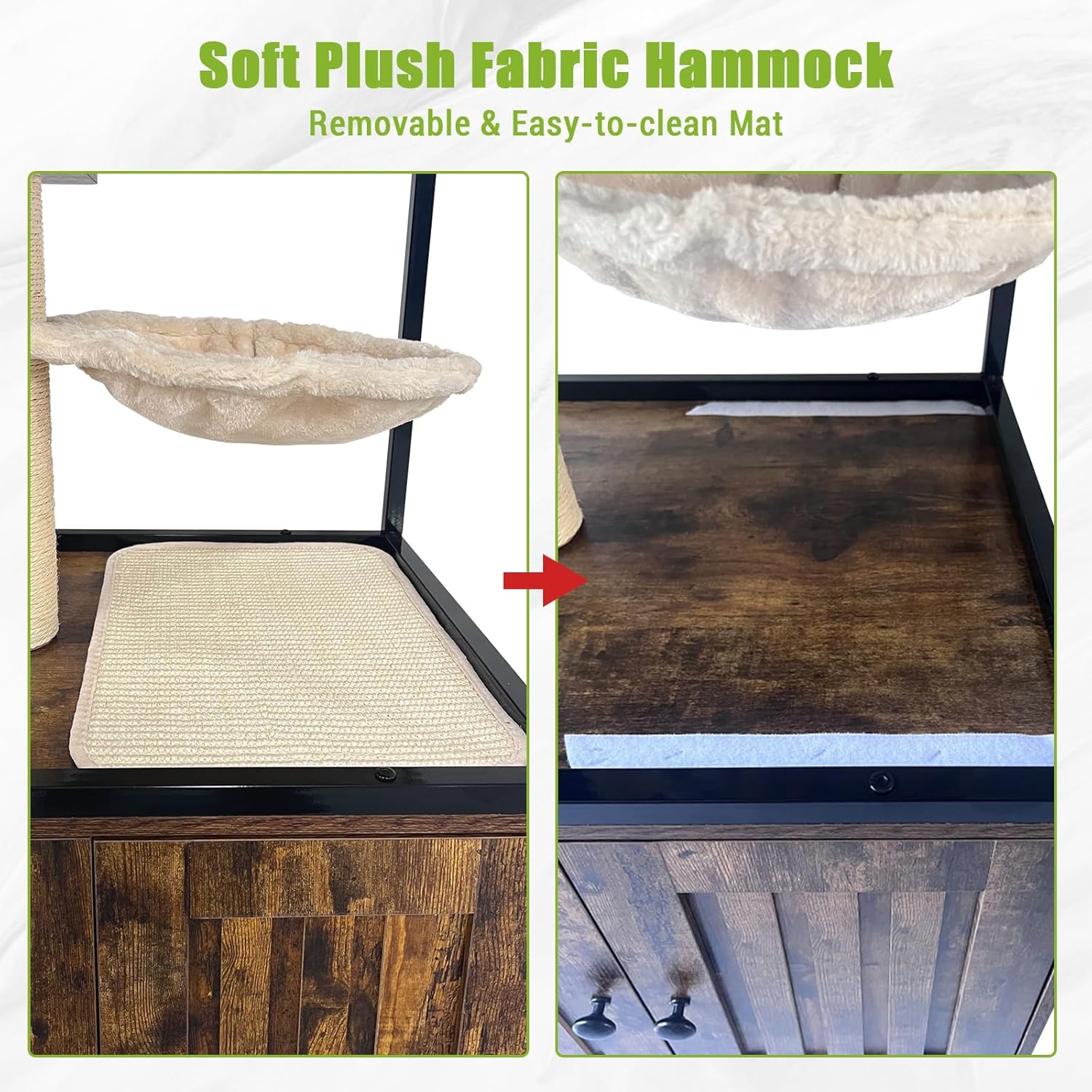 GarveeHome Cat Tree with Litter Box Enclosure 57.5 in H Wooden Cat Tower Cabinet with Wheels Dog Proof Corner Hidden Litter Box with Condo, Hammock and Scratching Post Retro Brown