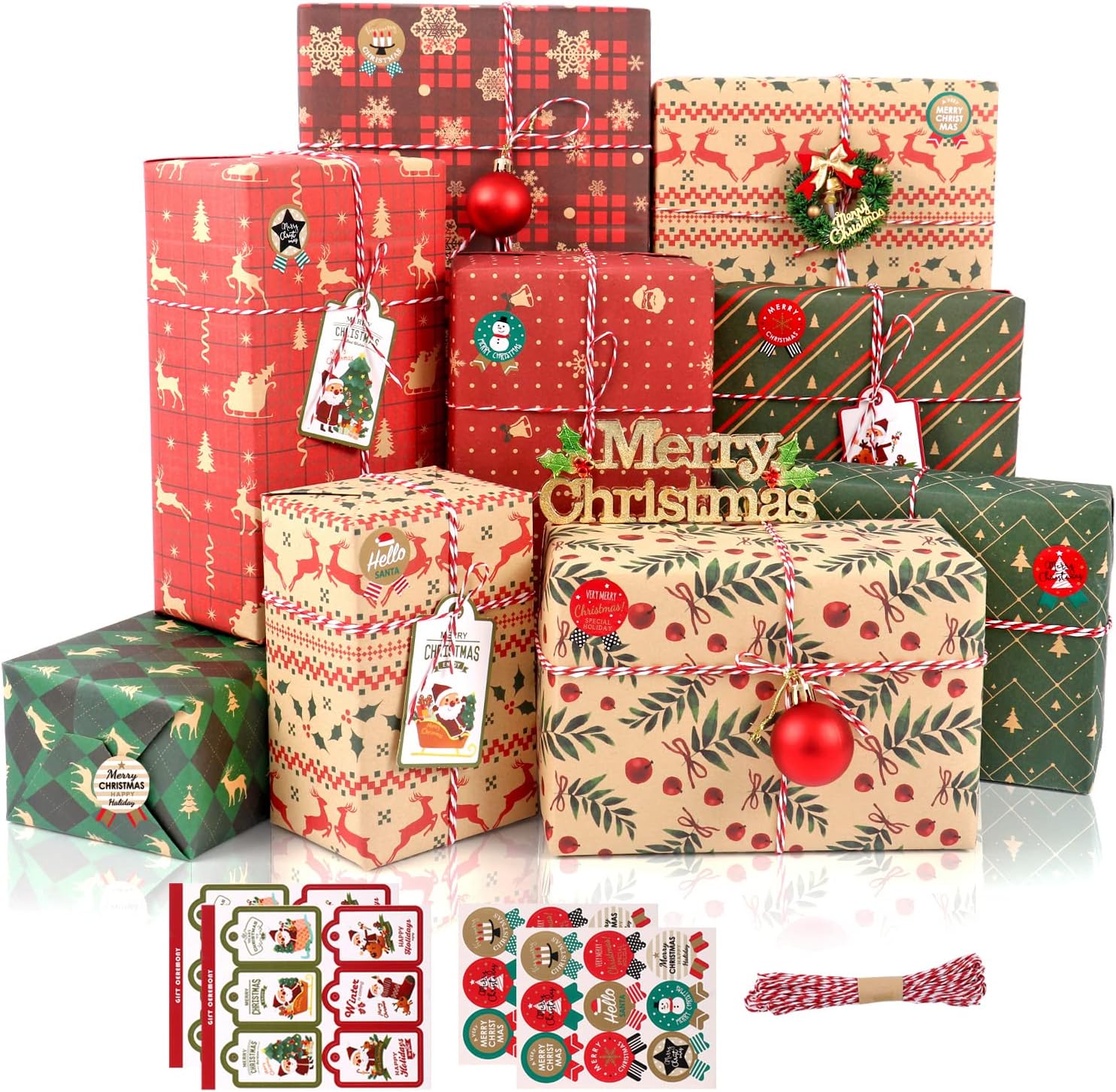 Christmas Wrapping Paper Sheets, 12PCS Kraft Christmas Wrapping Paper