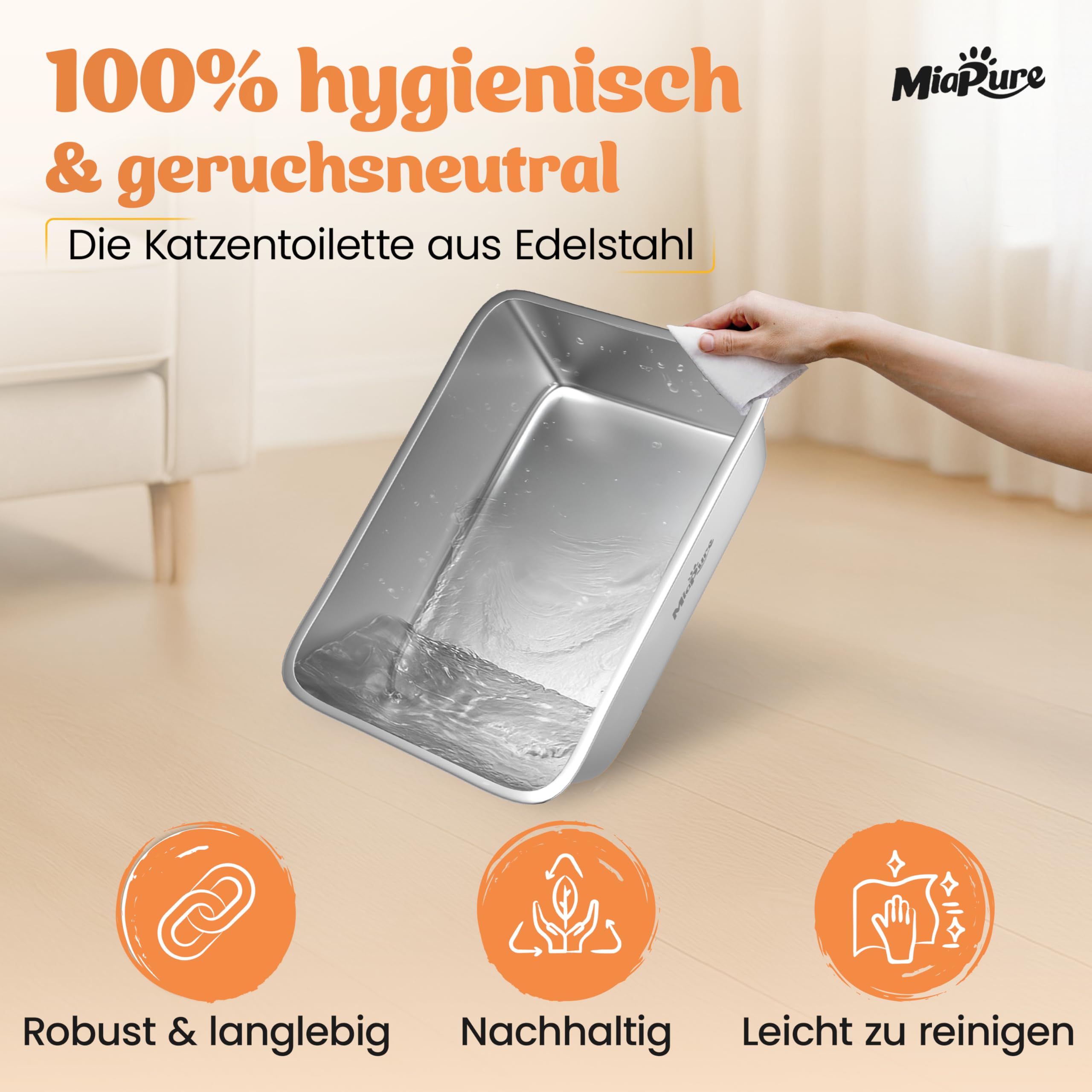 Edelstahl Katzenklo XXL 60x40x30cm mit hohem Rand inkl. Schaufel | Komplettsystem gegen Streu-Chaos dank integrierter Klappe mit Streumatte – auslaufsicher, geruchsfrei & leicht zu reinigen
