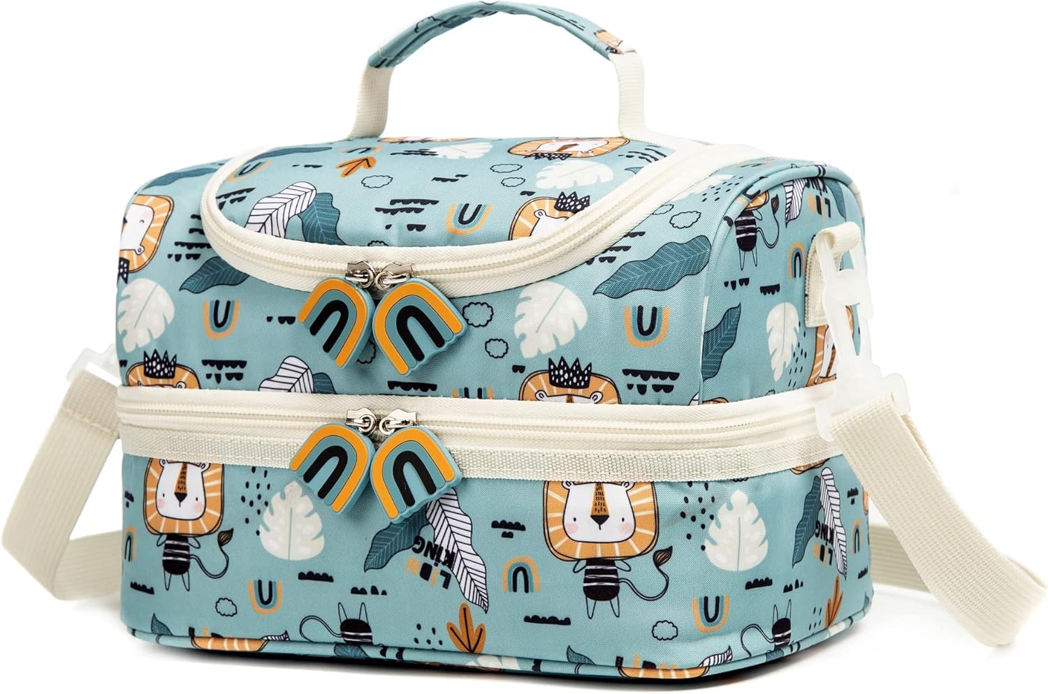 Insulated Kids Double Decker Lunch Bags Tote for Girls Boys Toddler Kindergarten School Picnic Camp Food Cooler Lunch Boxes Thermal with Strap (Lion)
