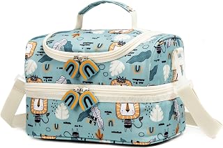 Insulated Kids Double Decker Lunch Bags Tote for Girls Boys Toddler Kindergarten School Picnic Camp Food Cooler Lunch Boxes Thermal with Strap (Lion)
