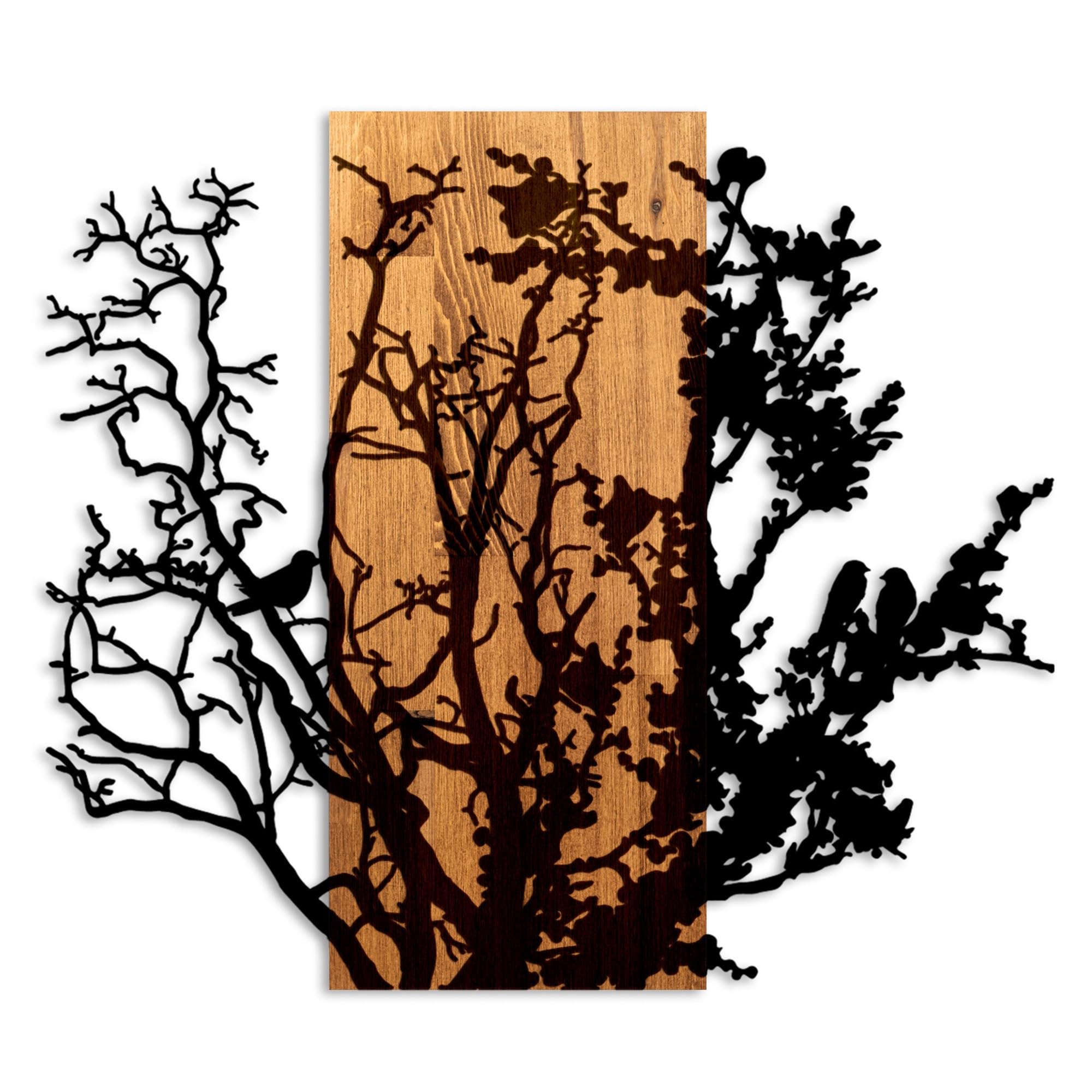 Elegantes dekoratives Wandaccessoire aus Holz, Walnuss & Schwarz, 68 x 58 x 3 cm | 50% Holz (3 cm) & 50% Metall (1,5 cm) | Einzigartiges Design für moderne Räume