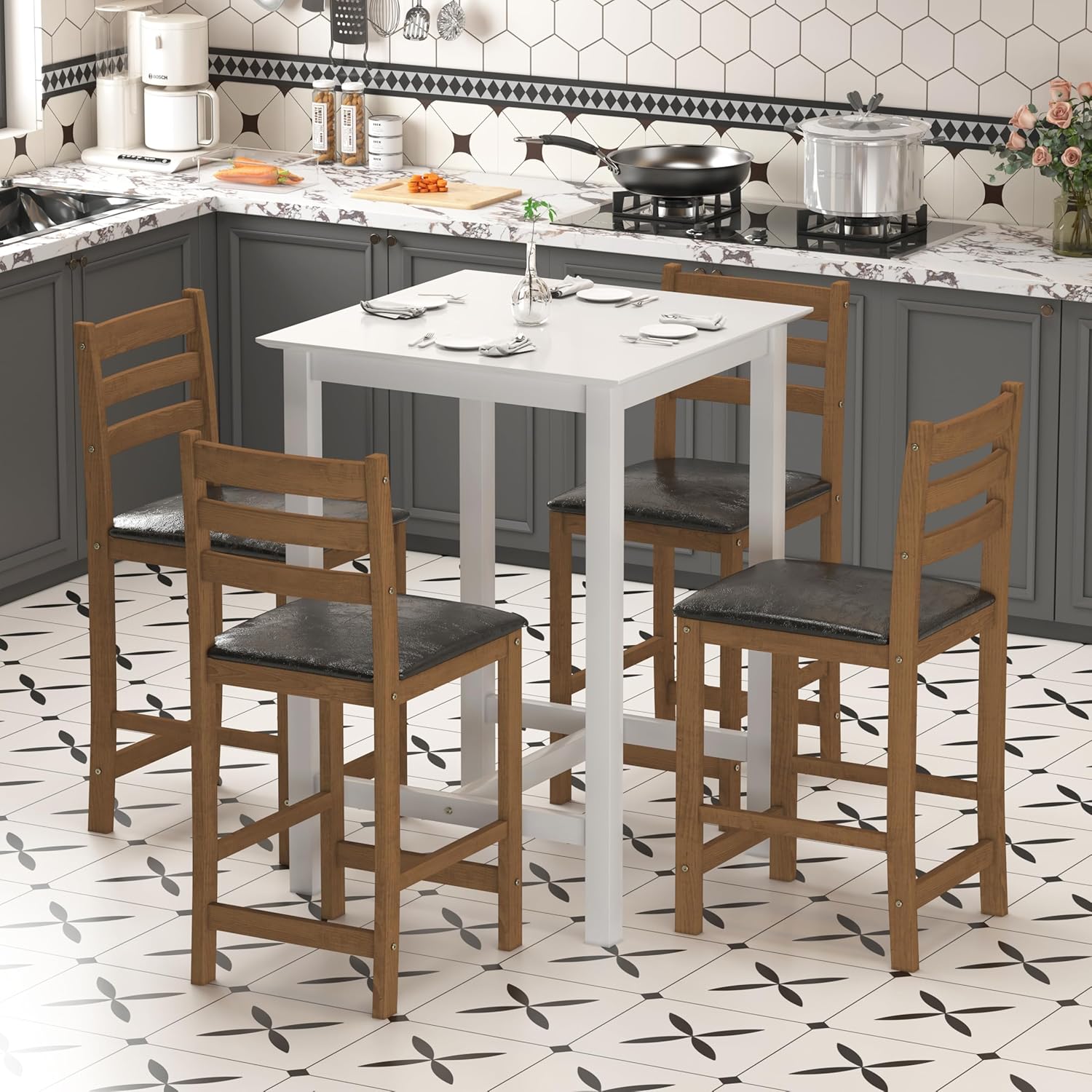 27.5 inch Bar Table, Solid Wood Counter Height Table, Square High Top Table for Dining Room, Living Room, White