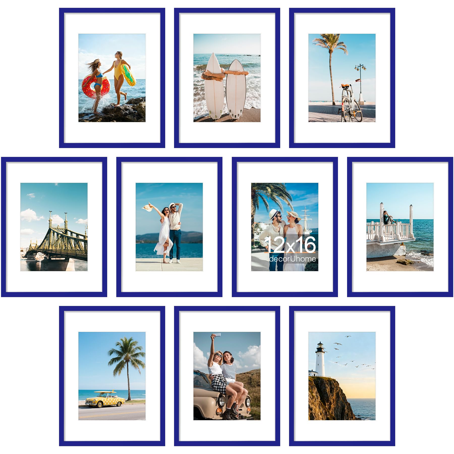 Cadres photo decorUhome bleu roi pour combler un mur vide avec un magnifique collage de 10 photos