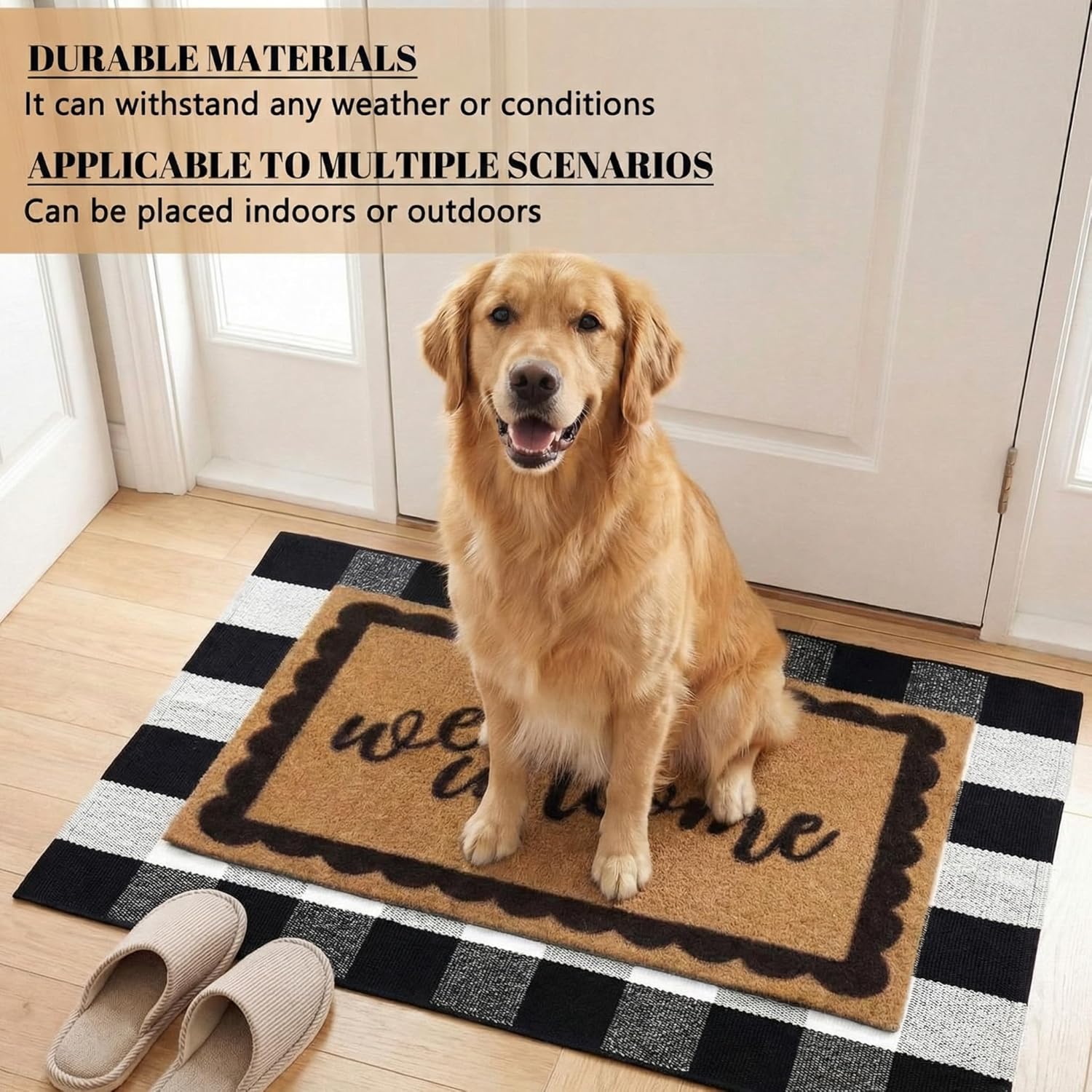 2 Pcs Bow Welcome Front Door Mat Outdoor Combo Set, 27.5'' x 43'' Double Black White Buffalo Plaid Layered Front Porch Rug with Heavy Duty Backing Coir Door Mat Outdoor Entryway Decor