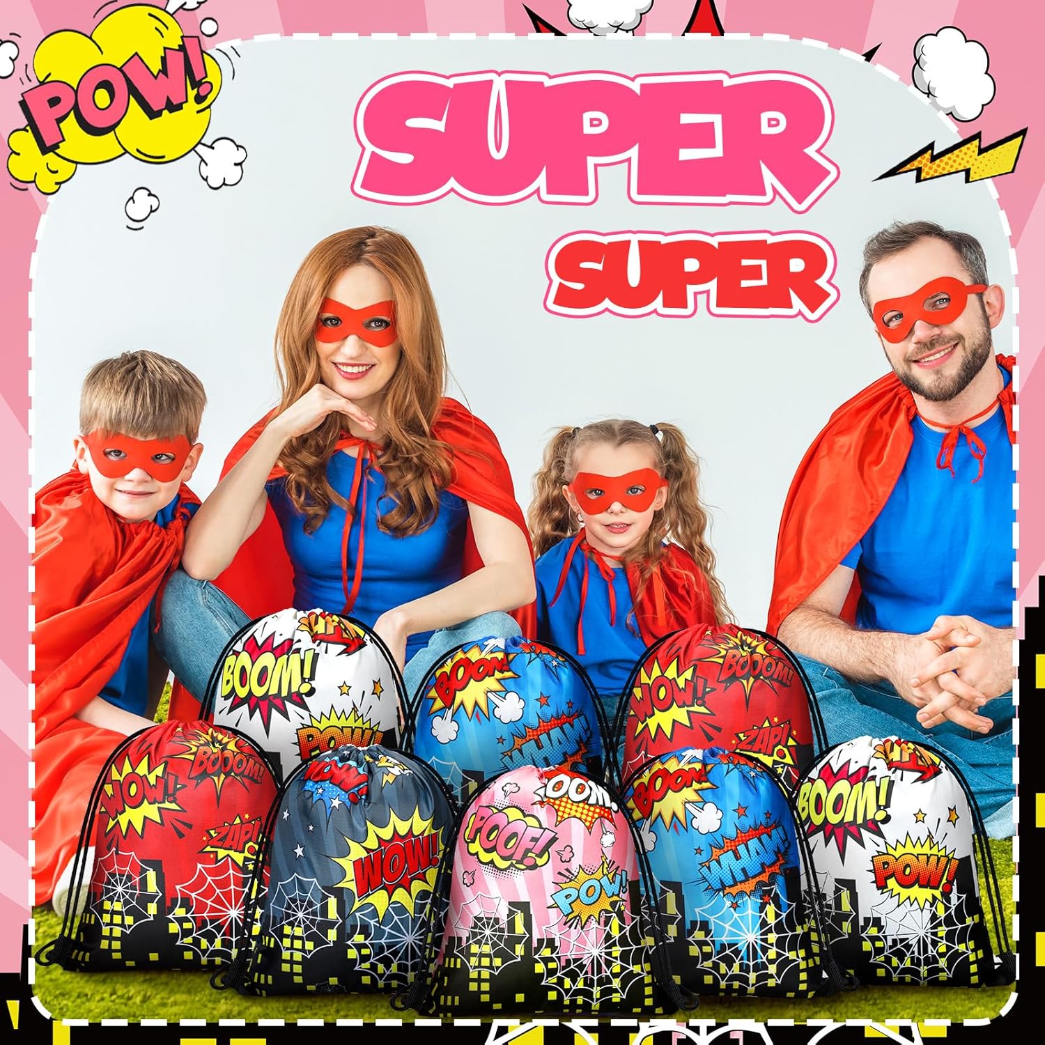 Lothee 30 Pcs Hero Party Favor Bags for Birthday Party Decorations Gift Treat Goodie Candy Backpack Boom Wow Pow Drawstring Bag (Hero Style) - Image 2