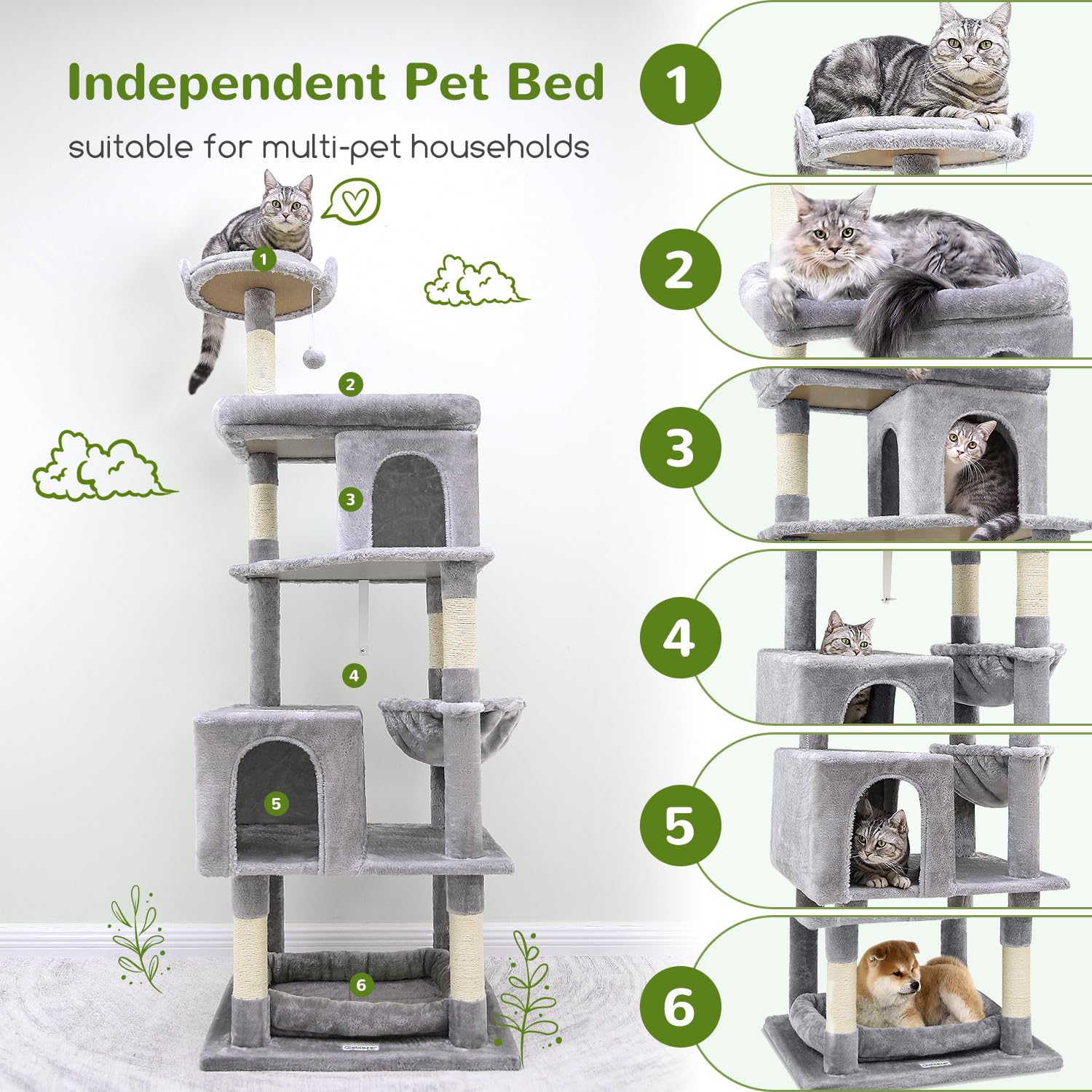 Globlazer Tiragraffi per Gatti Grandi, Castello per Gatto Alto 183 cm con Grotte Piattaforma Cesto, Albero Gatti Stabile per Adulti Maine Coon Ragdoll Riposare Giocare Interno (S72, Grigio Chiaro)