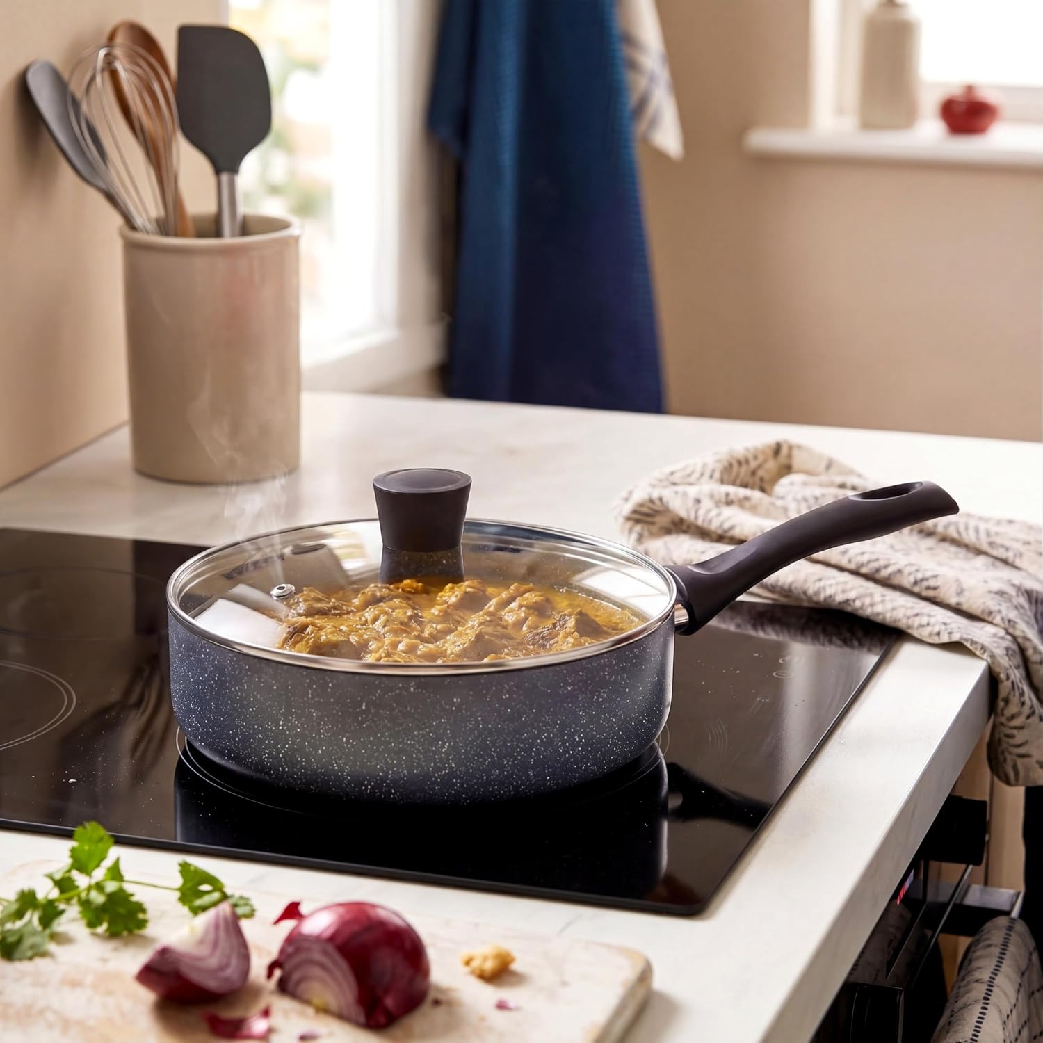 Russell Hobbs Nightfall Stone Sauté Pan 26 cm - Non-Stick Pan, Induction Safe, Aluminium, Glass Lid, Steam Outlet, PFOA-Free, Cool Handle, Blue