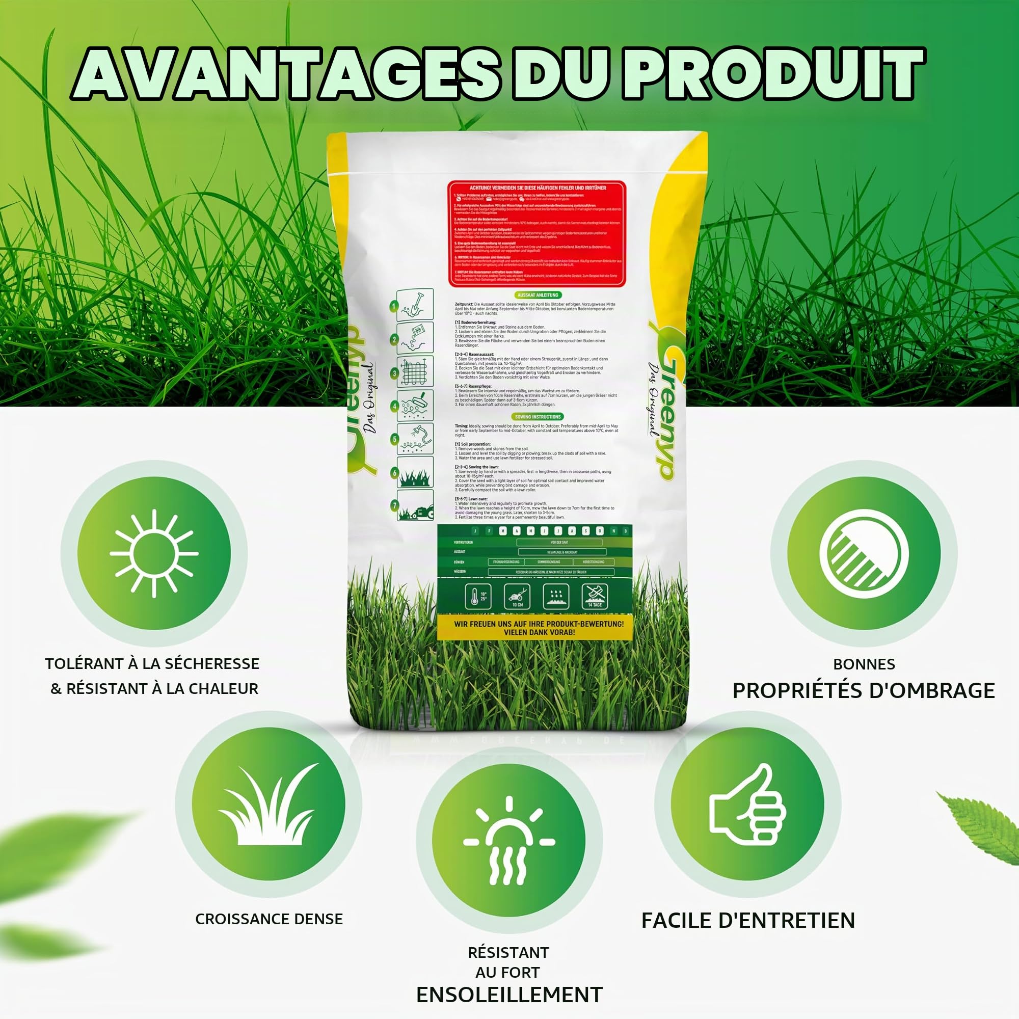 Greenyp® Sunny - Semences de gazon sec résistantes à la sécheresse - 30 kg pour 1200 m² - Semences d'herbe à germination rapide