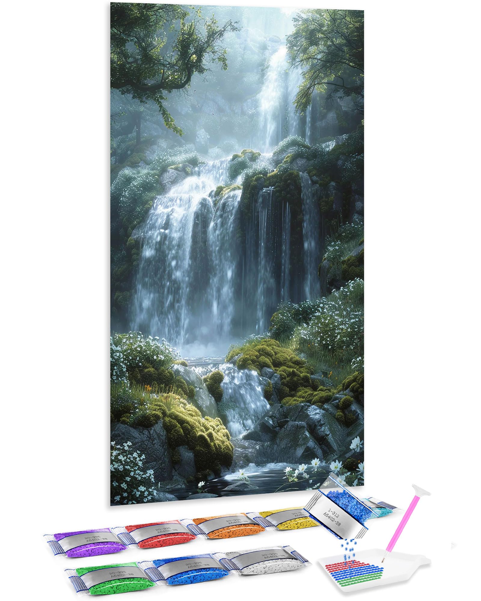 Punto de cruz diamante 5D Jumpdot de cascada en el bosque para cuadros de salón de 70x40 cm 8