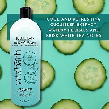 Vitabath Cucumber & White Tea Bubble Bath Rich Foaming Bubbly Soak & Relaxing Aromatherapy Moisturizing & Nourishing Indulgent Suds for Women & Men All Skin Types - 33.8 fl oz