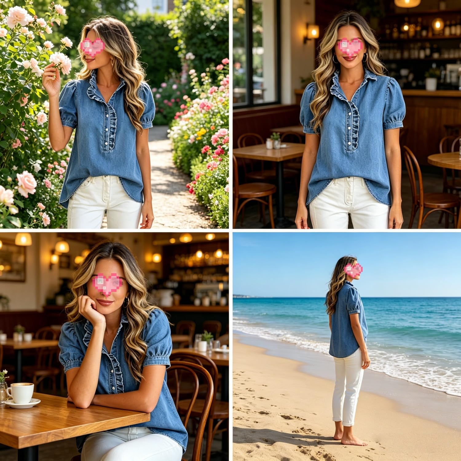 Camisa vaquera para mujer estilo Y2K con volantes, blusa vaquera abotonada, ideal para verano (2026), estilo casual y elegante, con mangas cortas abullonadas.