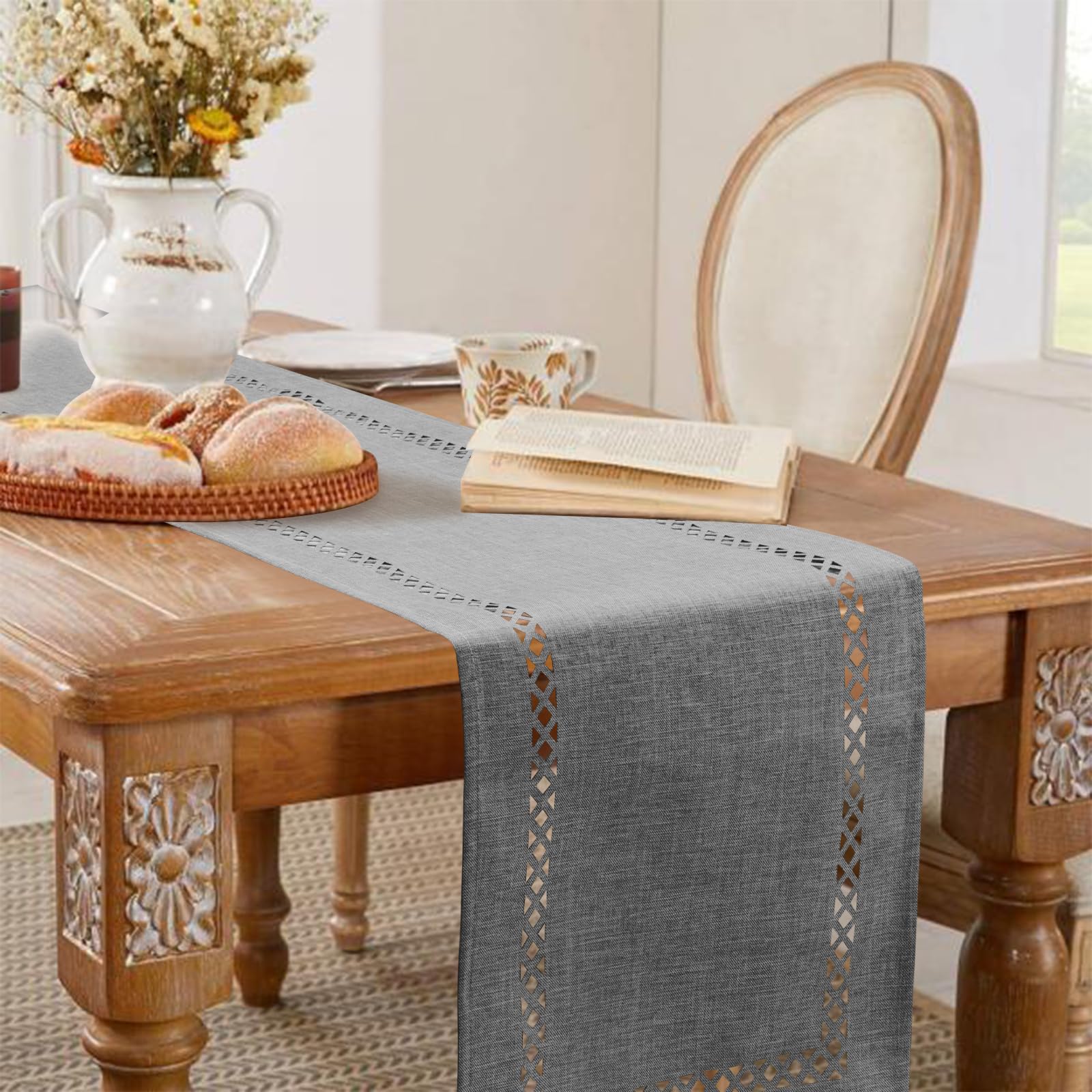 BAZIOE Modern Table Runner Grey Linen Table Runner Washable Openwork Design Ideal for Holiday Party Decoration Dining Table - Image 2