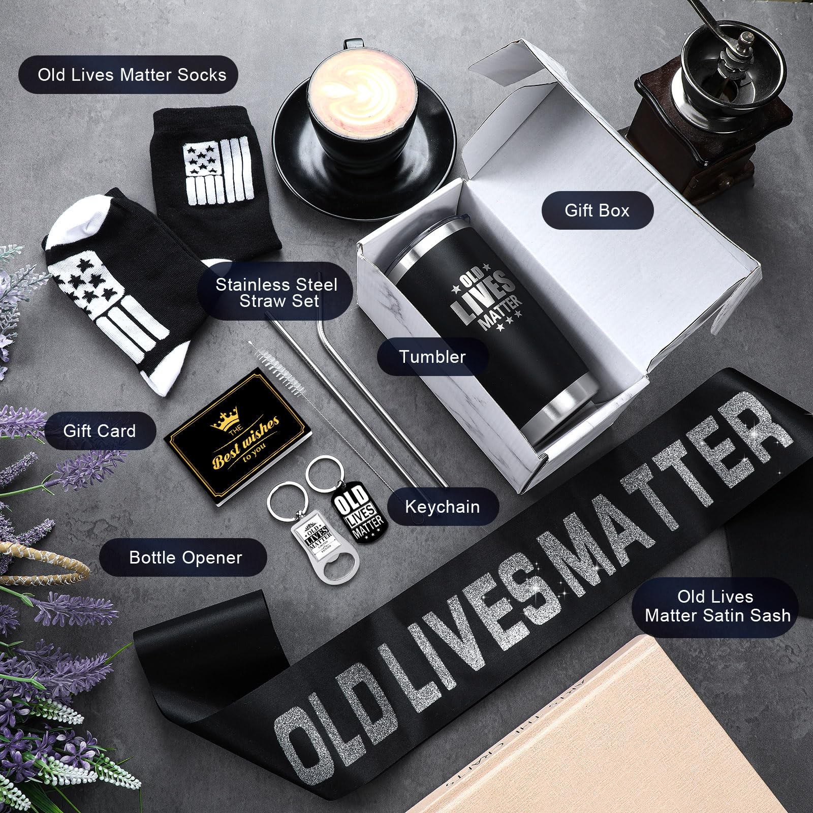 Geiserailie 7 Pcs Old Lives Father's Gifts Set for Dad Grandpa Man Include 20oz Tumbler Socks Keychain Bottle Opener Card Sash and Box for Men 30th 40th 50th 60th 70th 80th Birthday Gift