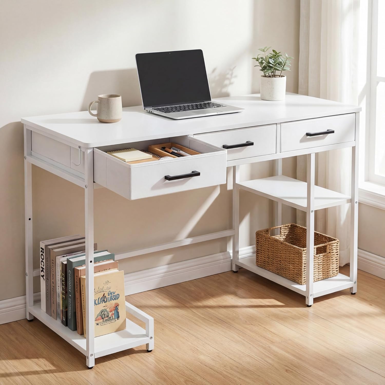 Shahoo Home Office Computer Desk with Drawers & Storage Shelves, 47.2" Modern Writing Table, White
