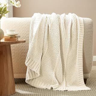 Amélie Home Chevron Chenille Knit Throw Blanket 50x60 Ivory - Ultra Soft Cozy Texture for Couch Sofa Chair
