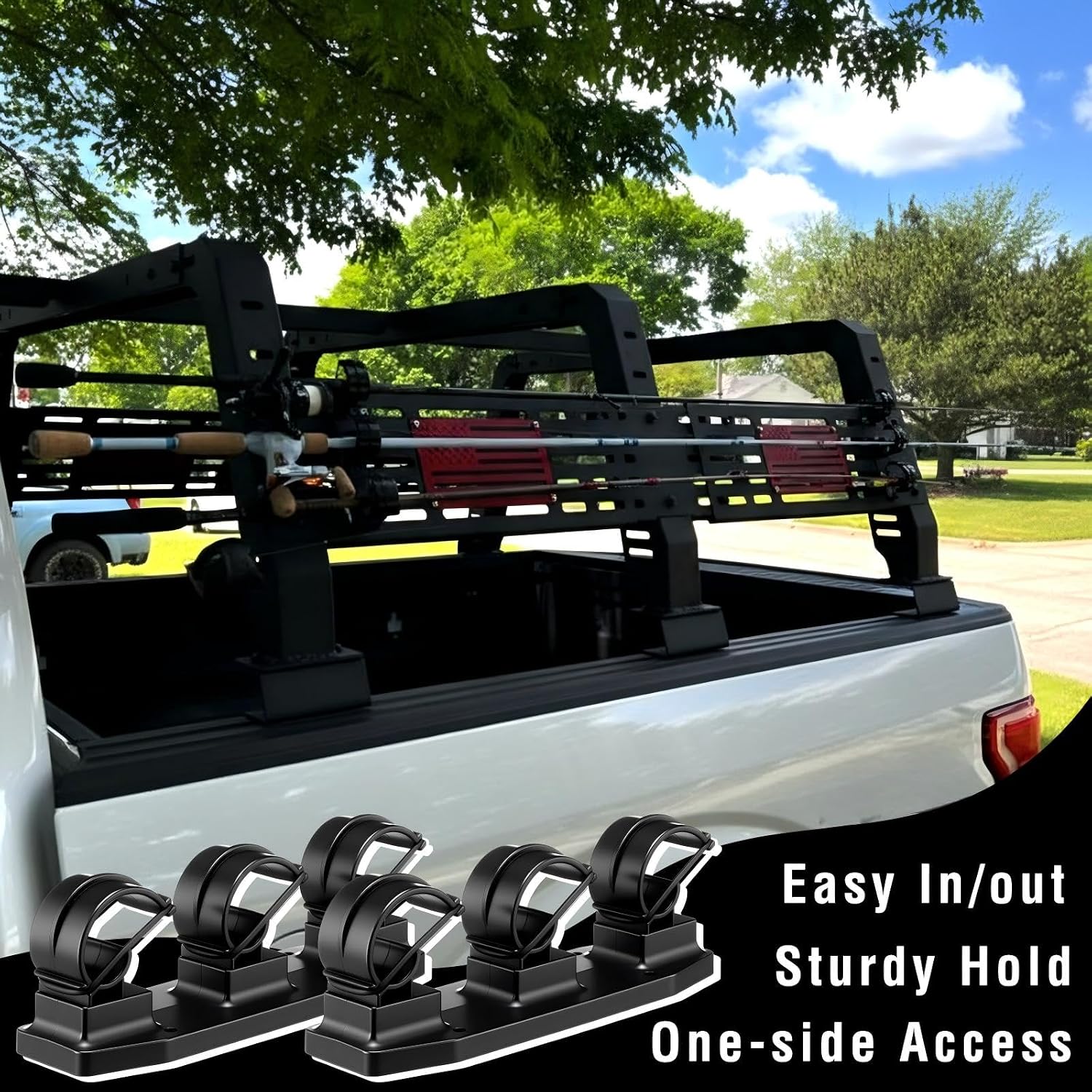 4 Pcs Black Universal Fishing Rod Rack - Durable ABS Plastic, Rubber Strap Clips, Ideal for Wall, Boat Deck & Truck Bed Mounting