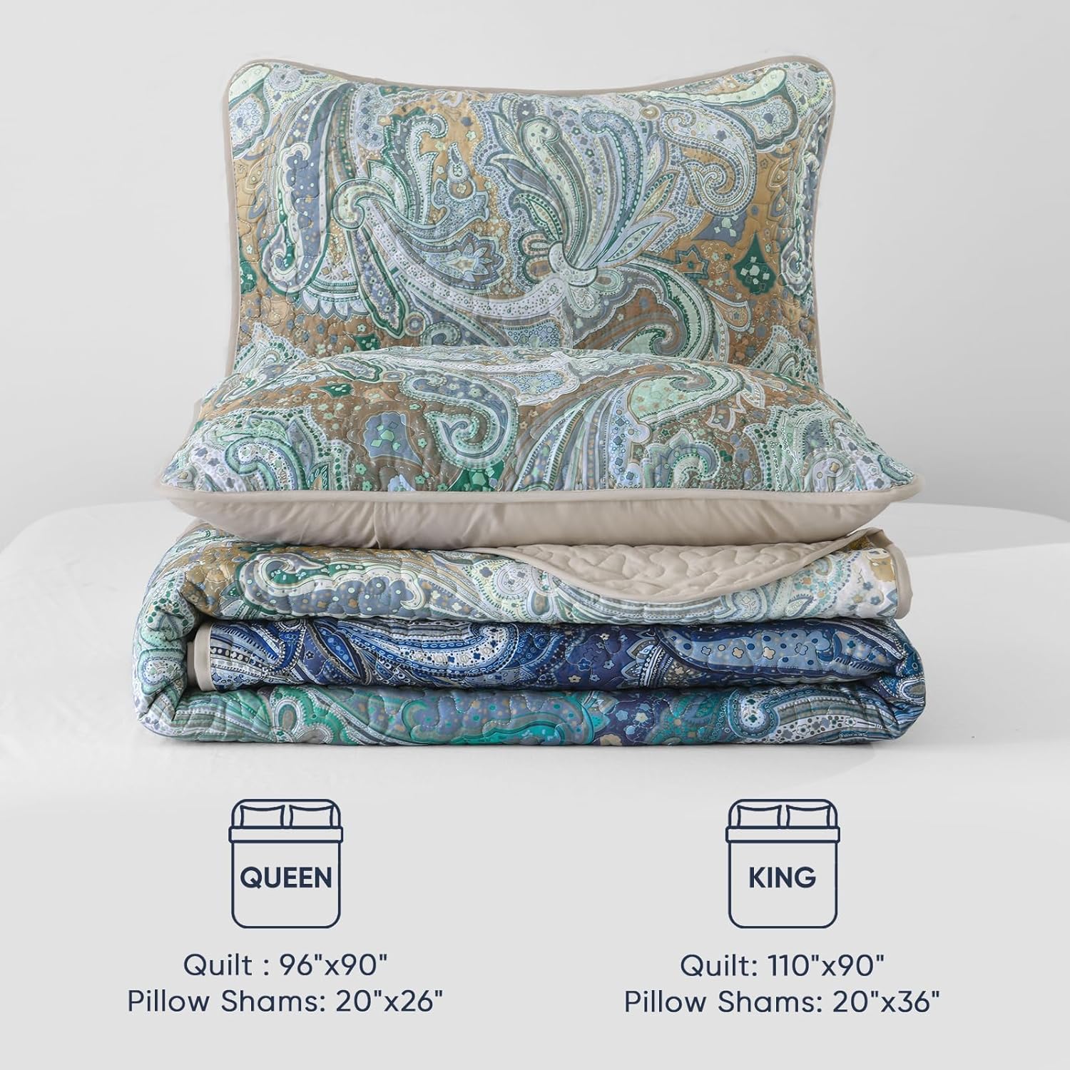 DJY Paisley Quilt Set Queen Size, Boho Bedspread Coverlet Set 3 Pieces, Khaki Blue Ombre Paisley Floral Pattern Quilted Bedding Set, Soft Microfiber Bedspread with for All Season, 96''x90'' - Image 9