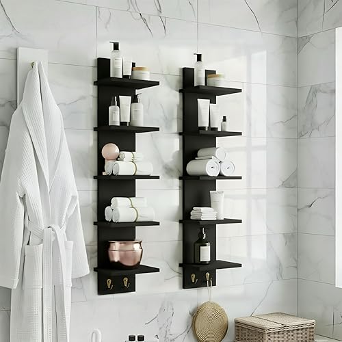 Miniatura 5 de Sorbus 5 Tier Wall Shelf Unit with Hooks, Vertical Column Utility Shelving for Home Decor and Storage Organizer, Wall-Mounted Floating Shelves for