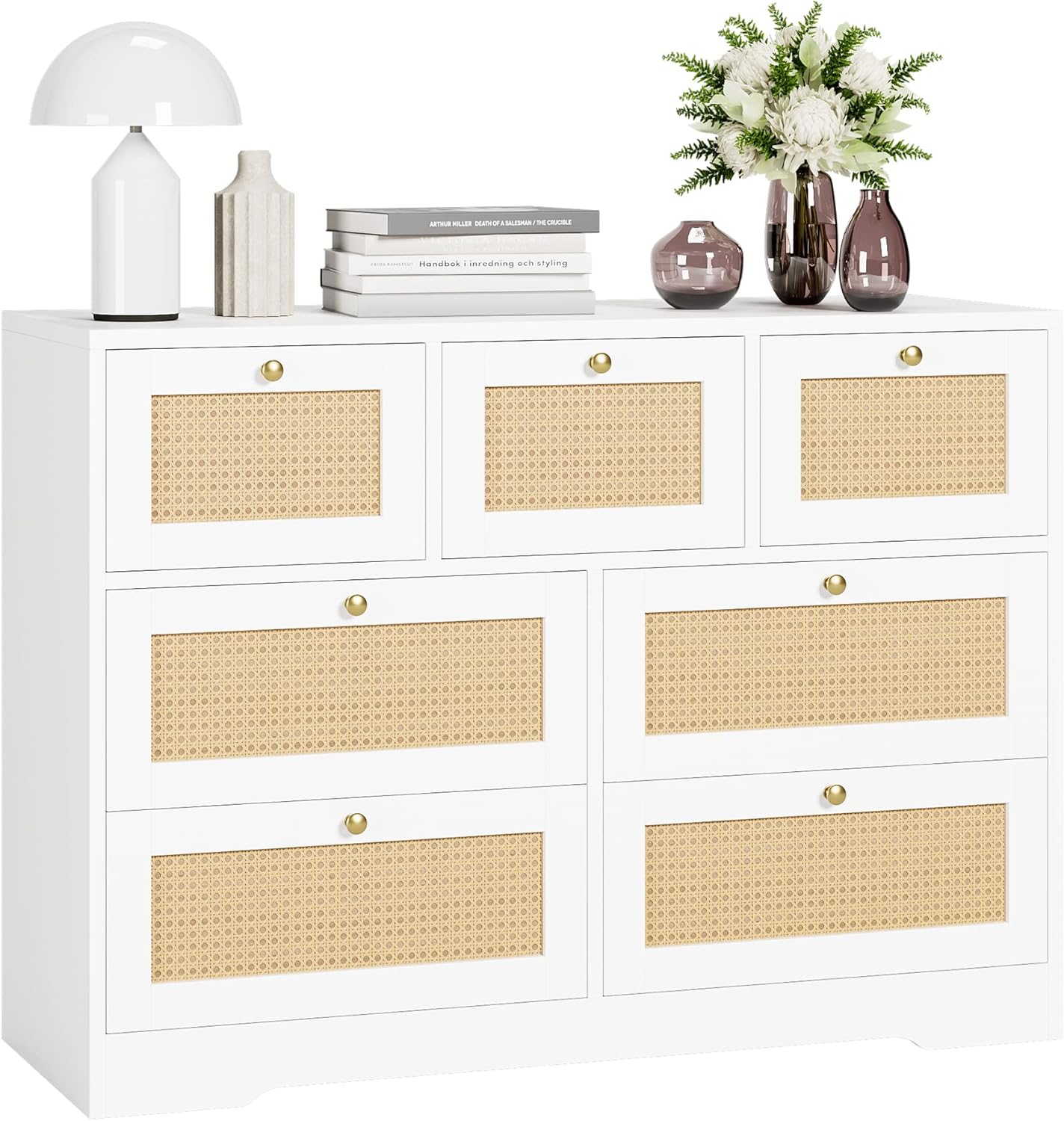 Amazon.com: FOTOSOK White Dresser, Rattan Dresser 7 Drawer Dresser with ...