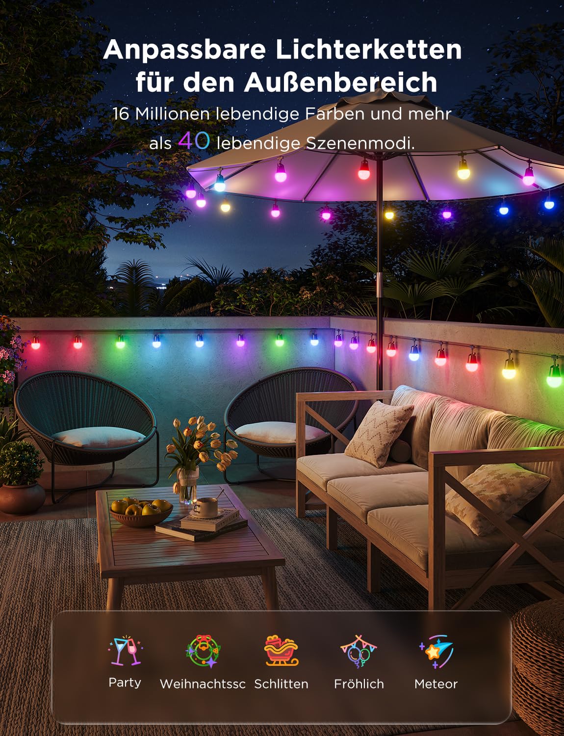 Govee LED Lichterkette Außen 2, 30M Dimmbare RGBICW Outdoor Lichterkette | IP65, 100lm pro Licht, 47 Szenenmodi und 16 Millionen Farben, Intelligente App und Sprachsteuerung, Lebensdauer 25000 Stunden